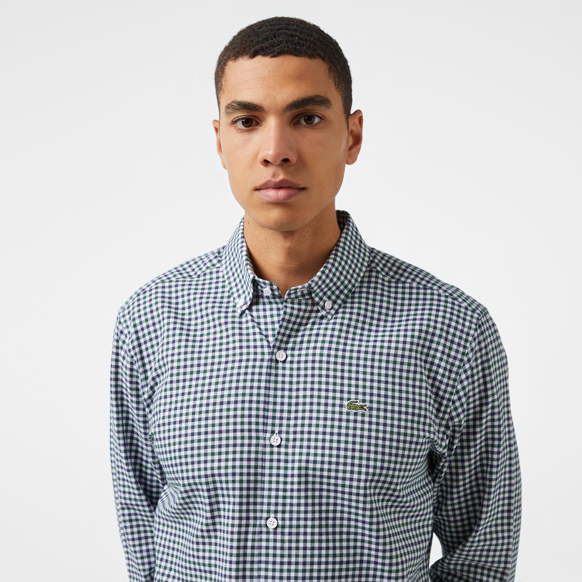 Erkek Regular Fit Kareli Koyu Yeşil Gömlek