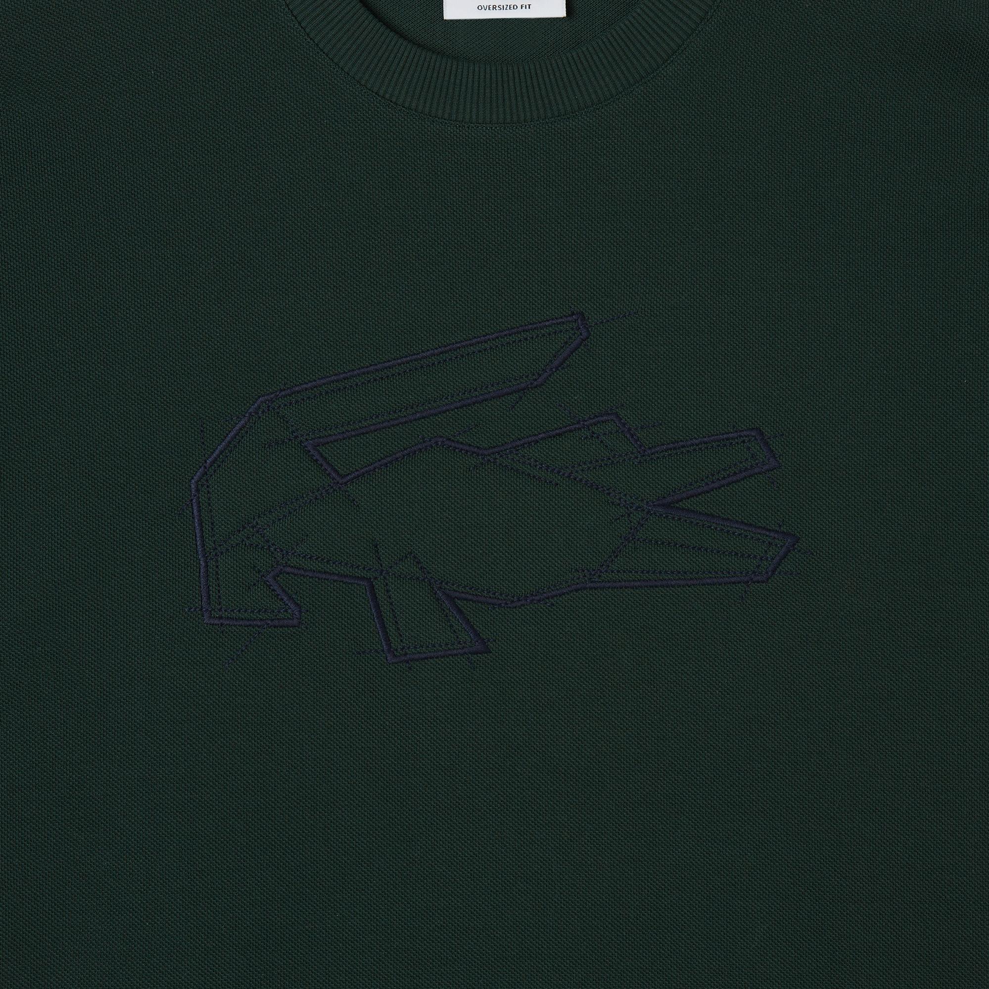 Erkek Oversize Fit Bisiklet Yaka Baskılı Koyu Yeşil T-Shirt