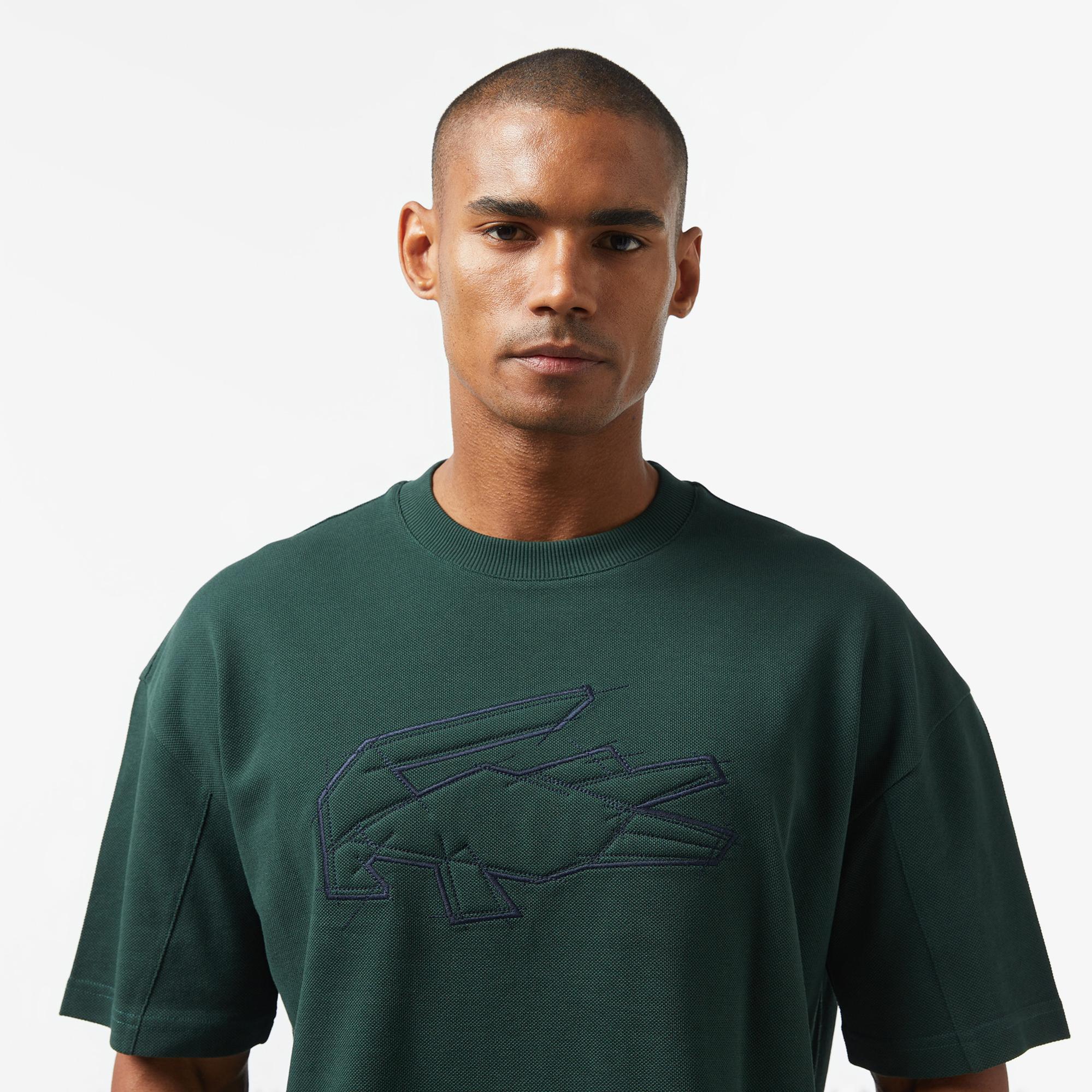 Erkek Oversize Fit Bisiklet Yaka Baskılı Koyu Yeşil T-Shirt