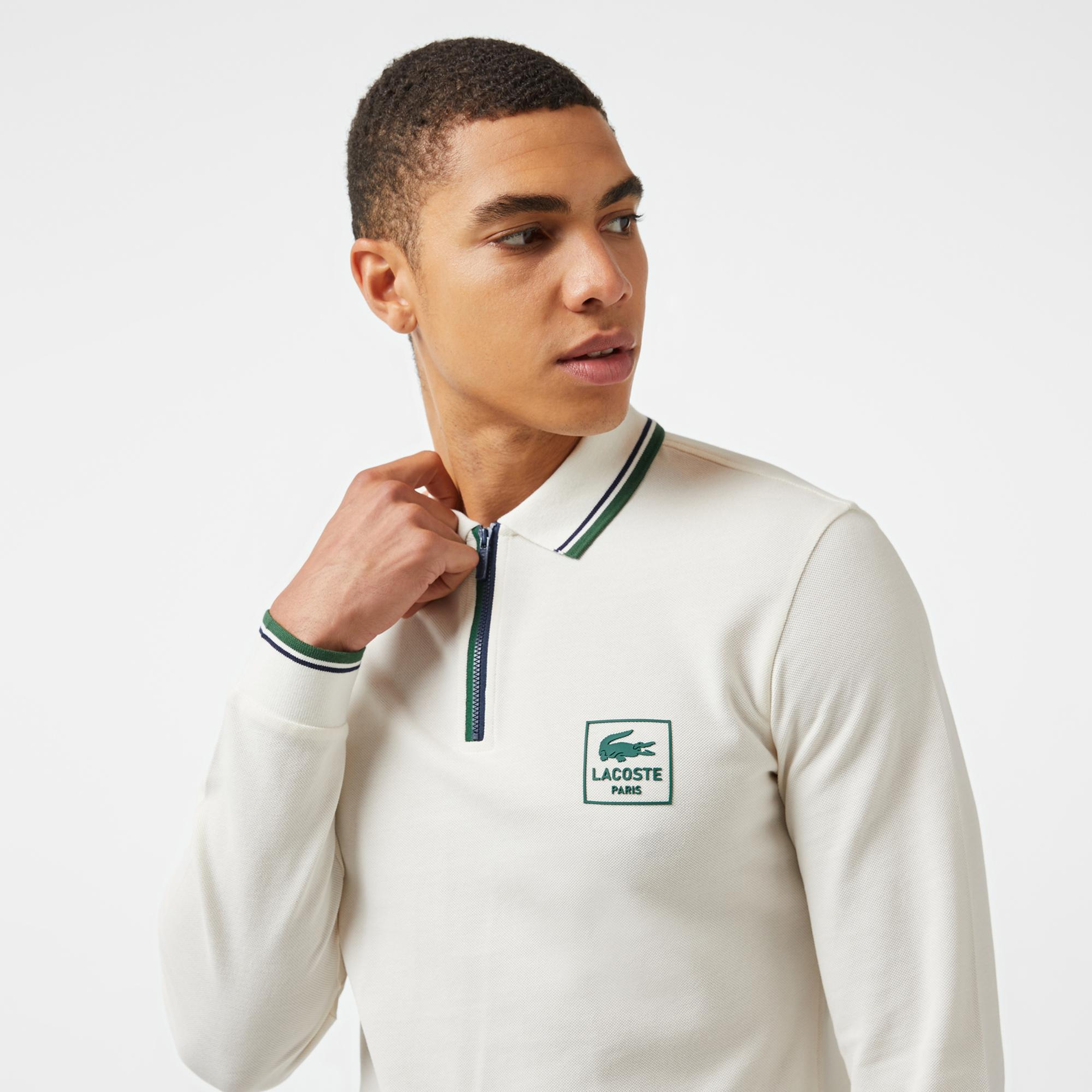 Erkek Regular Fit Uzun Kollu Yarım Fermuarlı Beyaz Polo