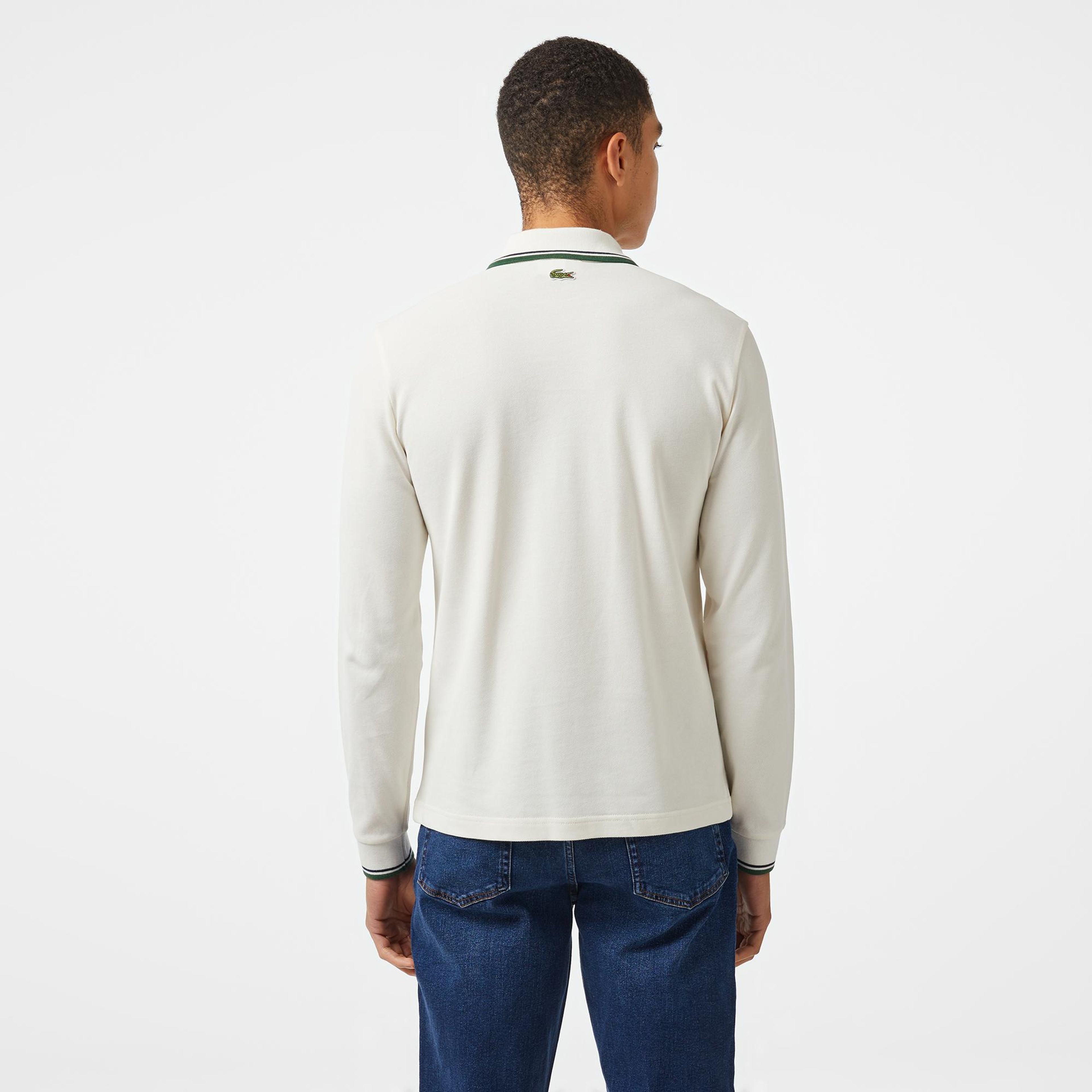 Erkek Regular Fit Uzun Kollu Yarım Fermuarlı Beyaz Polo