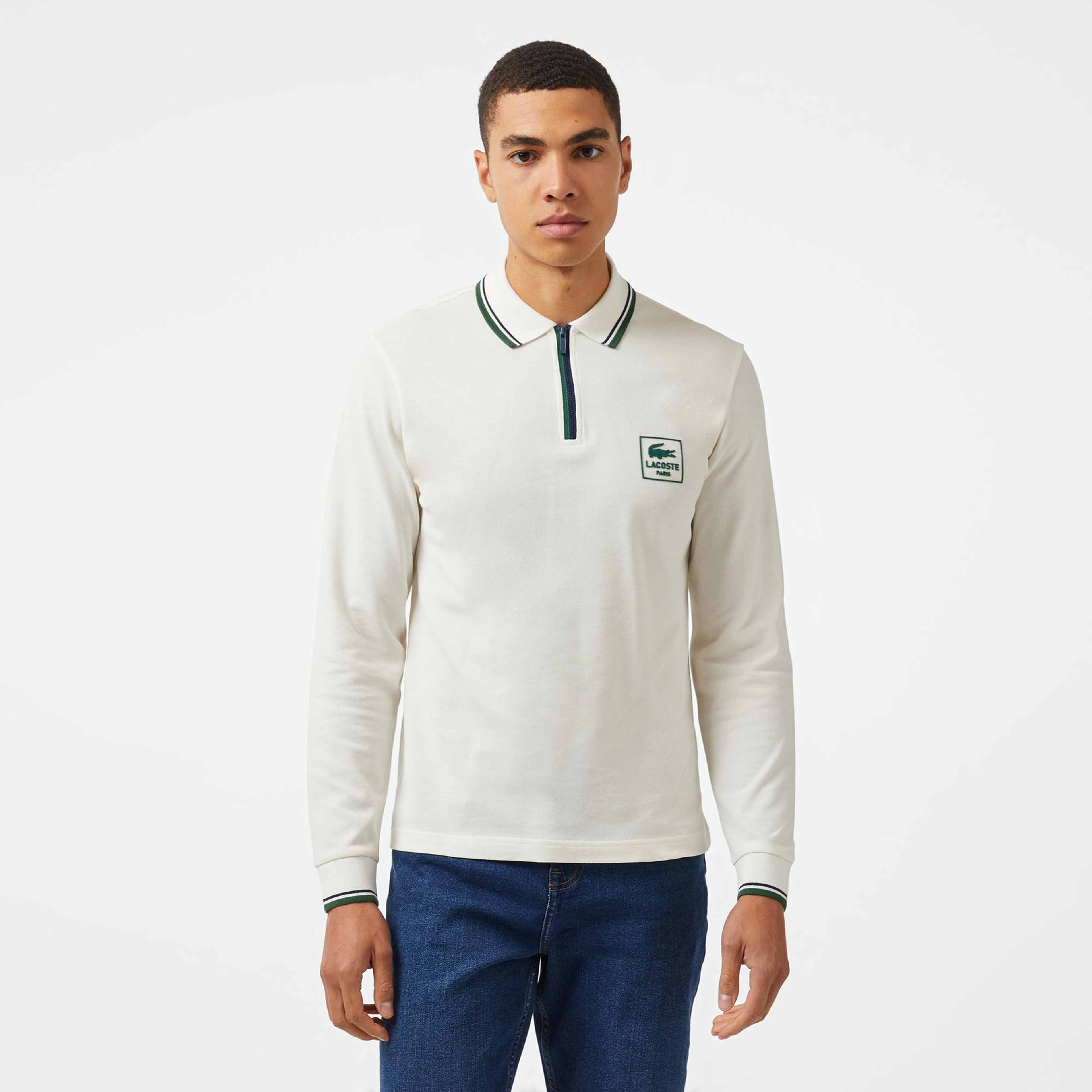 Erkek Regular Fit Uzun Kollu Yarım Fermuarlı Beyaz Polo