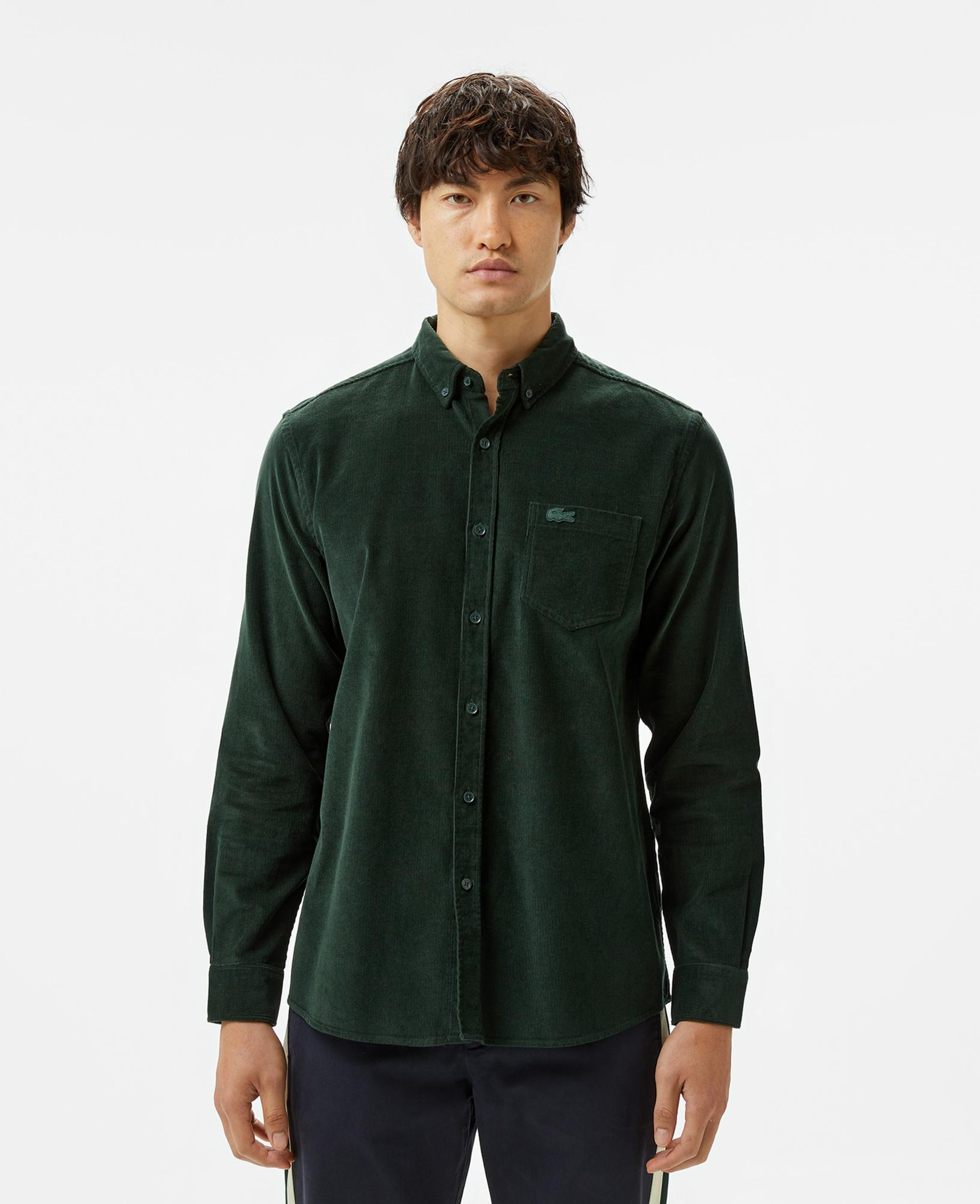 Erkek Regular Fit Düğmeli Yaka Koyu Yeşil Gömlek