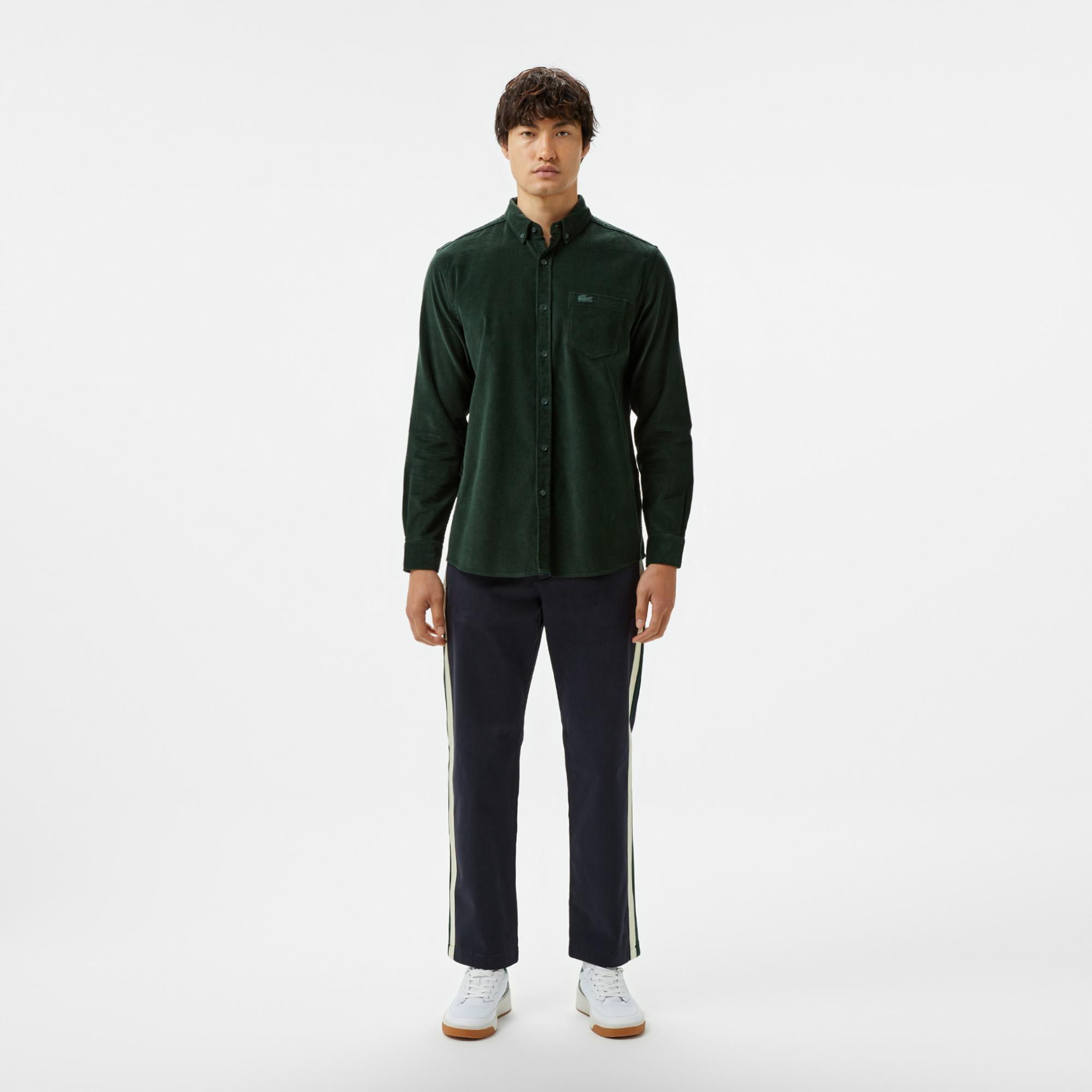 Erkek Regular Fit Düğmeli Yaka Koyu Yeşil Gömlek