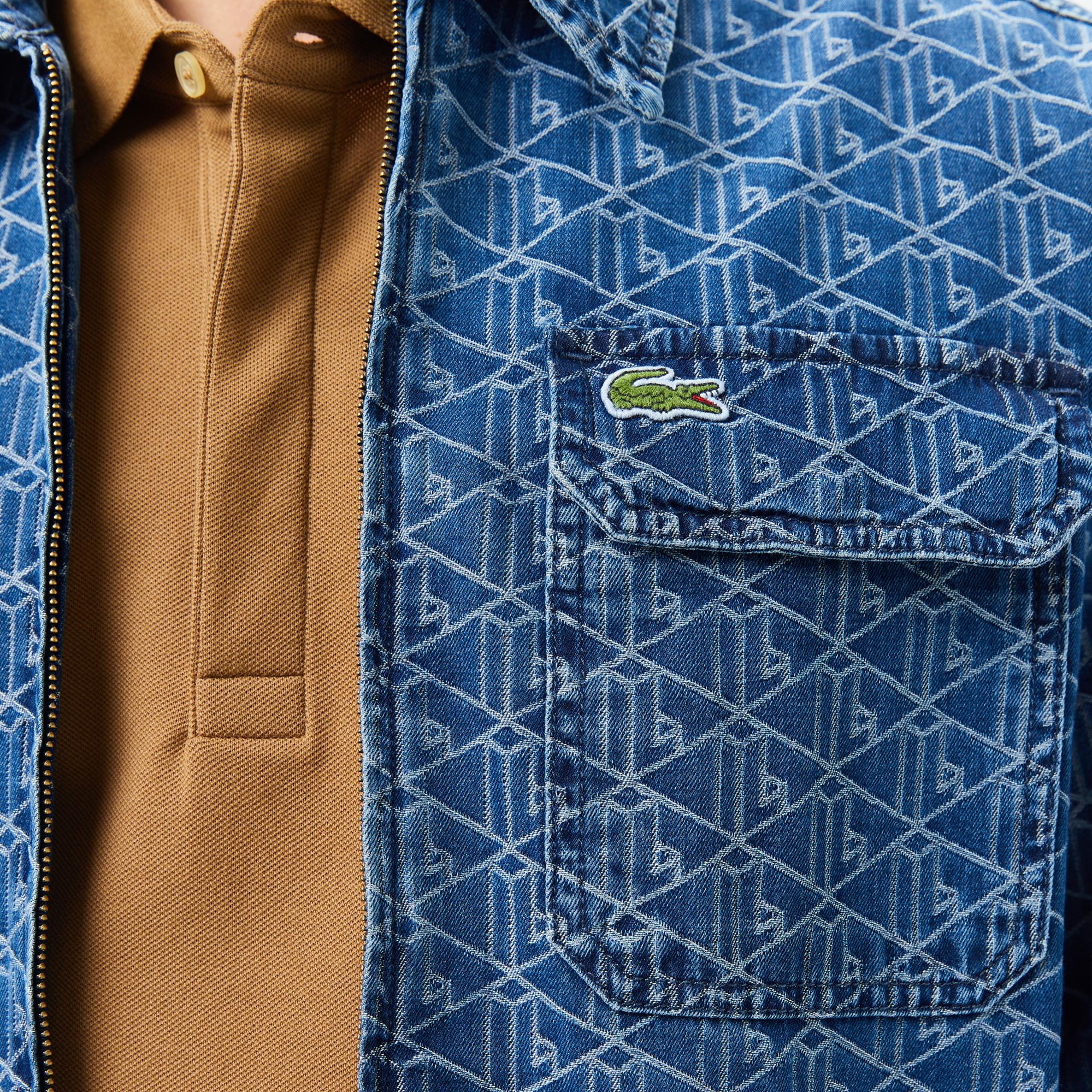 Erkek Relaxed Fit Fermuarlı Monogram Mavi Gömlek Ceket