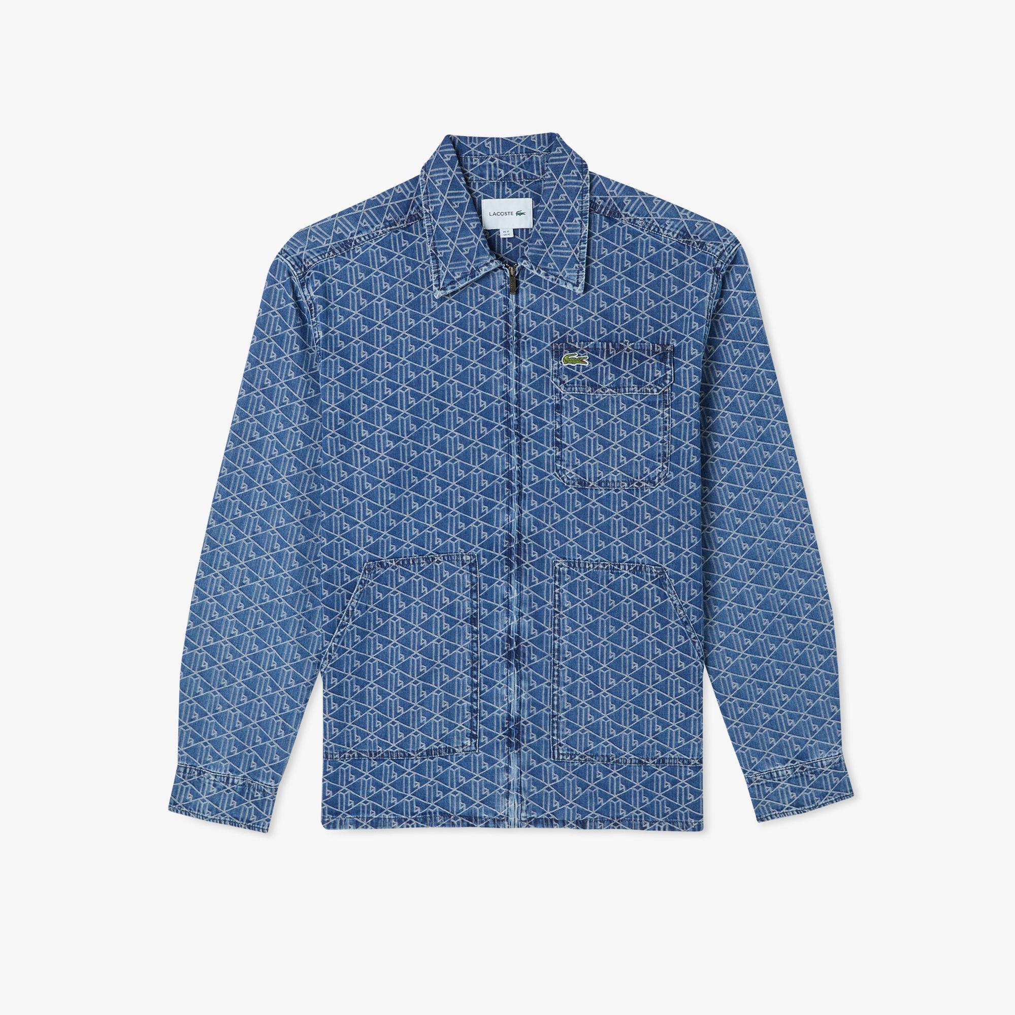 Erkek Relaxed Fit Fermuarlı Monogram Mavi Gömlek Ceket