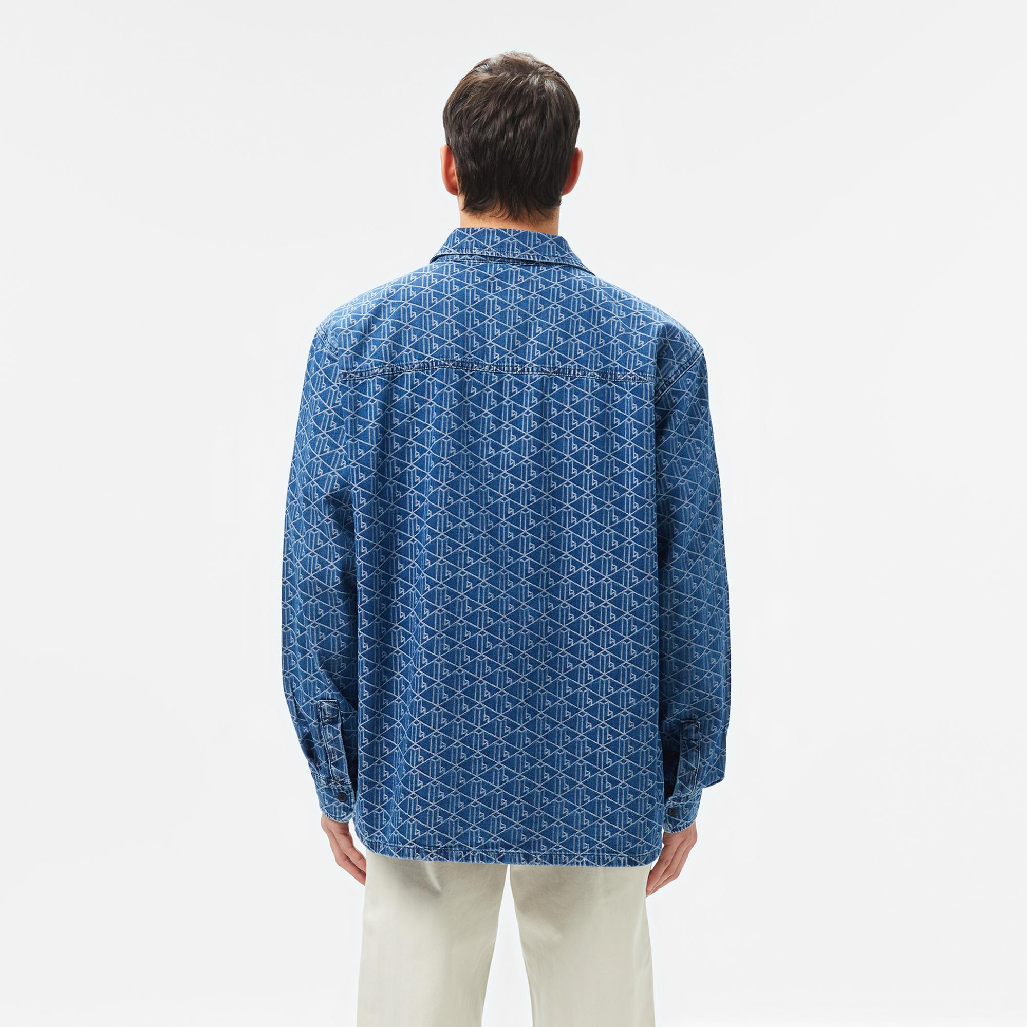 Erkek Relaxed Fit Fermuarlı Monogram Mavi Gömlek Ceket