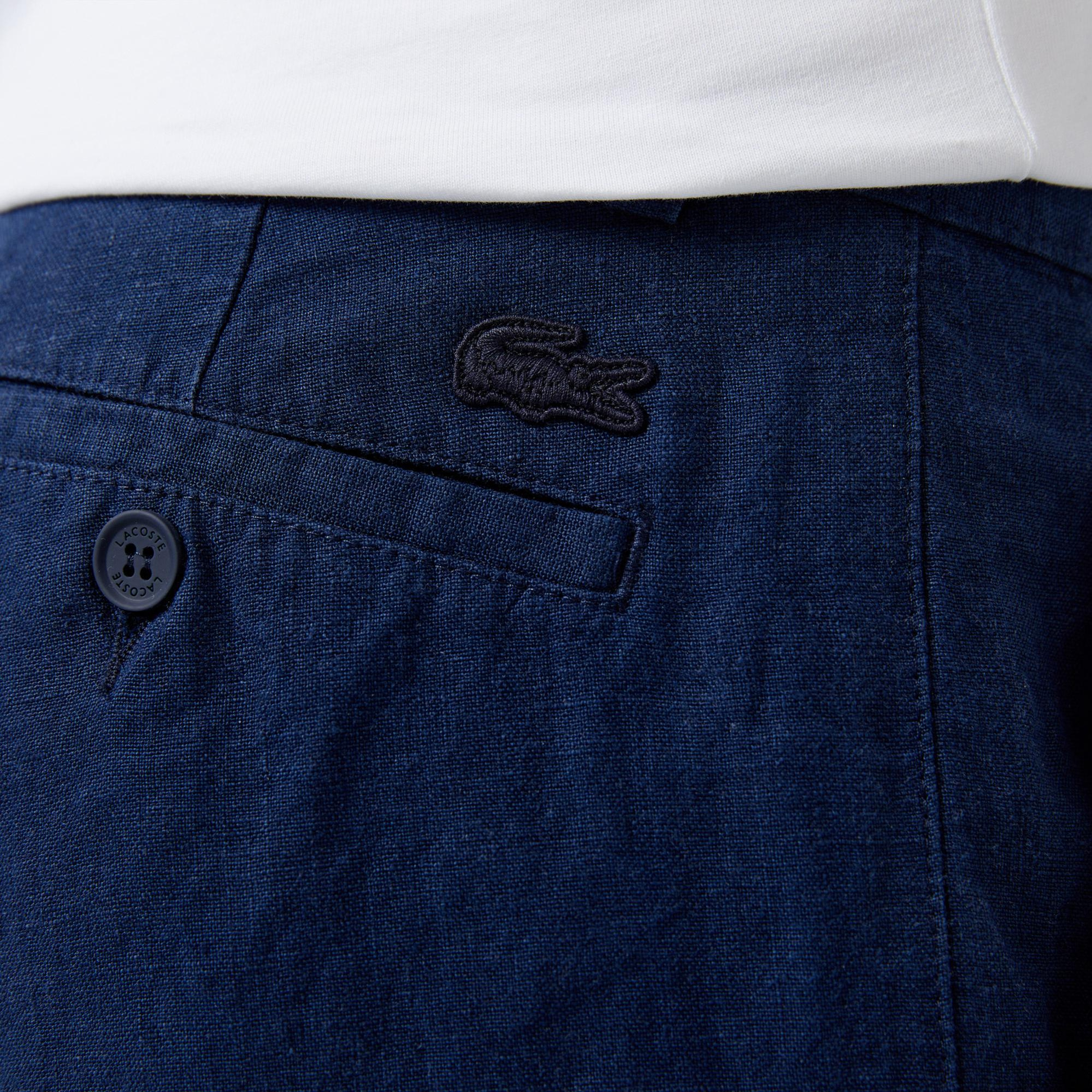 Erkek Slim Fit Keten Lacivert Bermuda