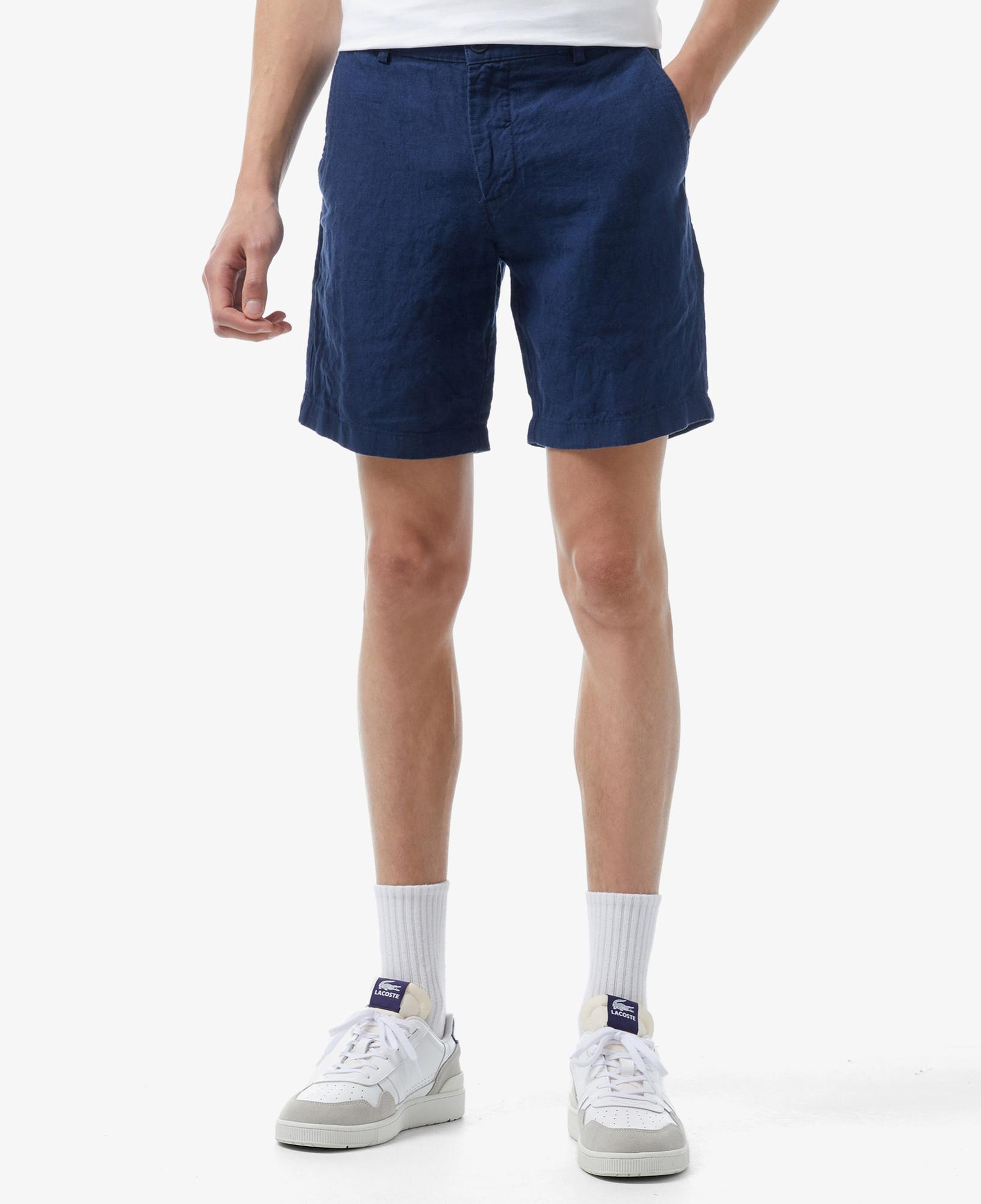 Erkek Slim Fit Keten Lacivert Bermuda