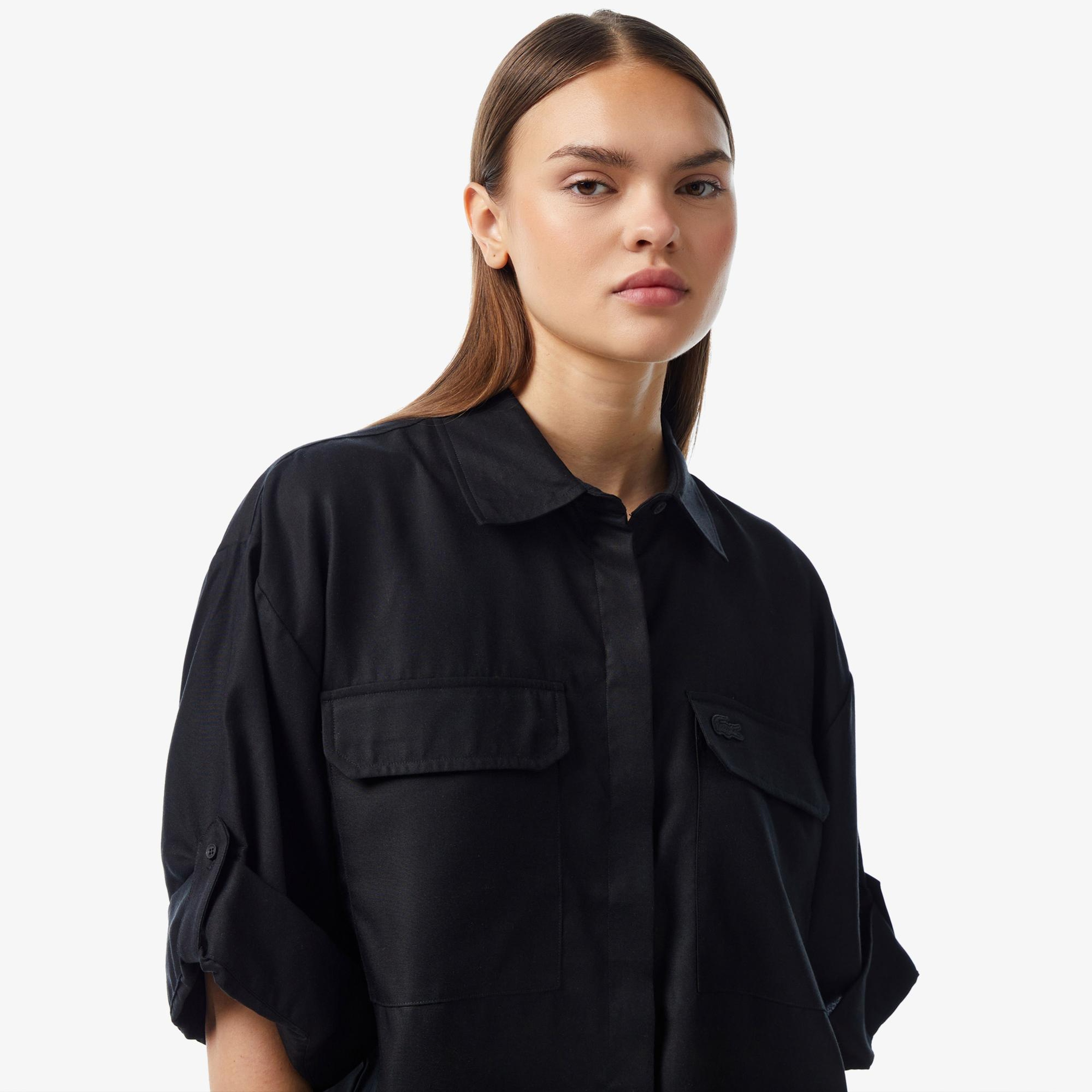 Kadın Relaxed Fit Kısa Kollu Siyah Gömlek