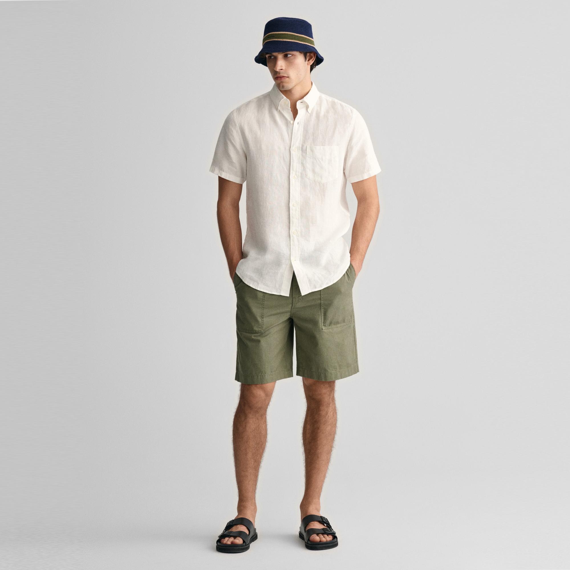 GANT Erkek Beyaz Regular Fit Düğmeli Yaka Keten Gömlek