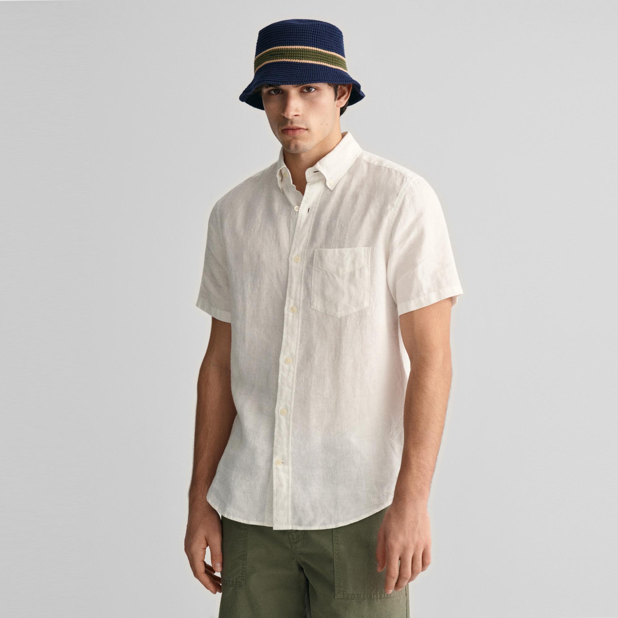 GANT Erkek Beyaz Regular Fit Düğmeli Yaka Keten Gömlek