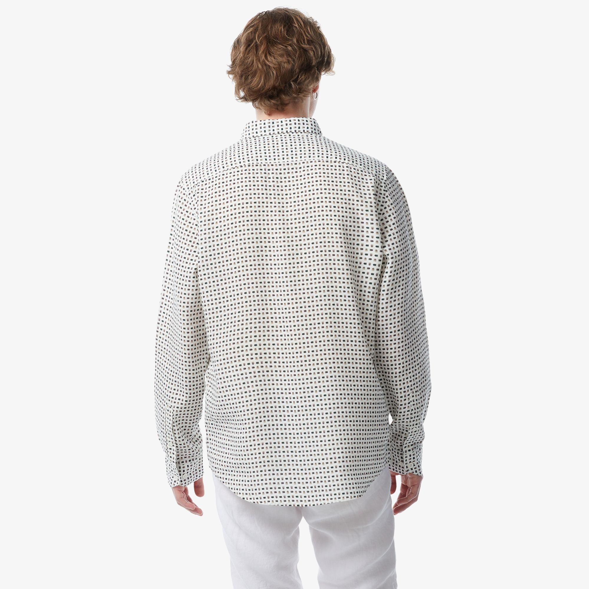 Erkek Slim Fit Düğmeli Yaka Desenli Bej Gömlek