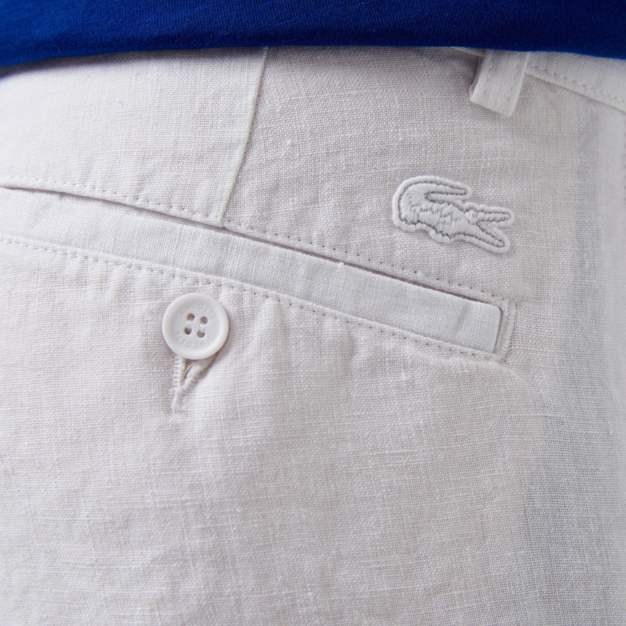 Erkek Slim Fit Keten Beyaz Bermuda