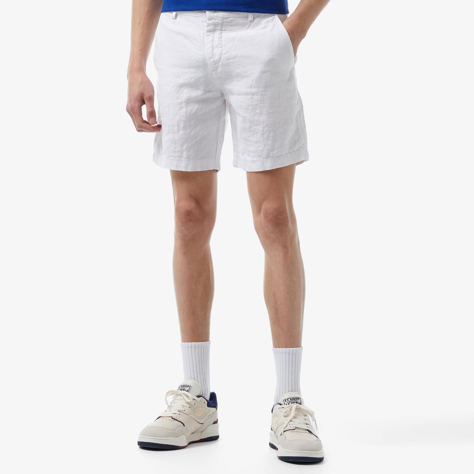 Erkek Slim Fit Keten Beyaz Bermuda