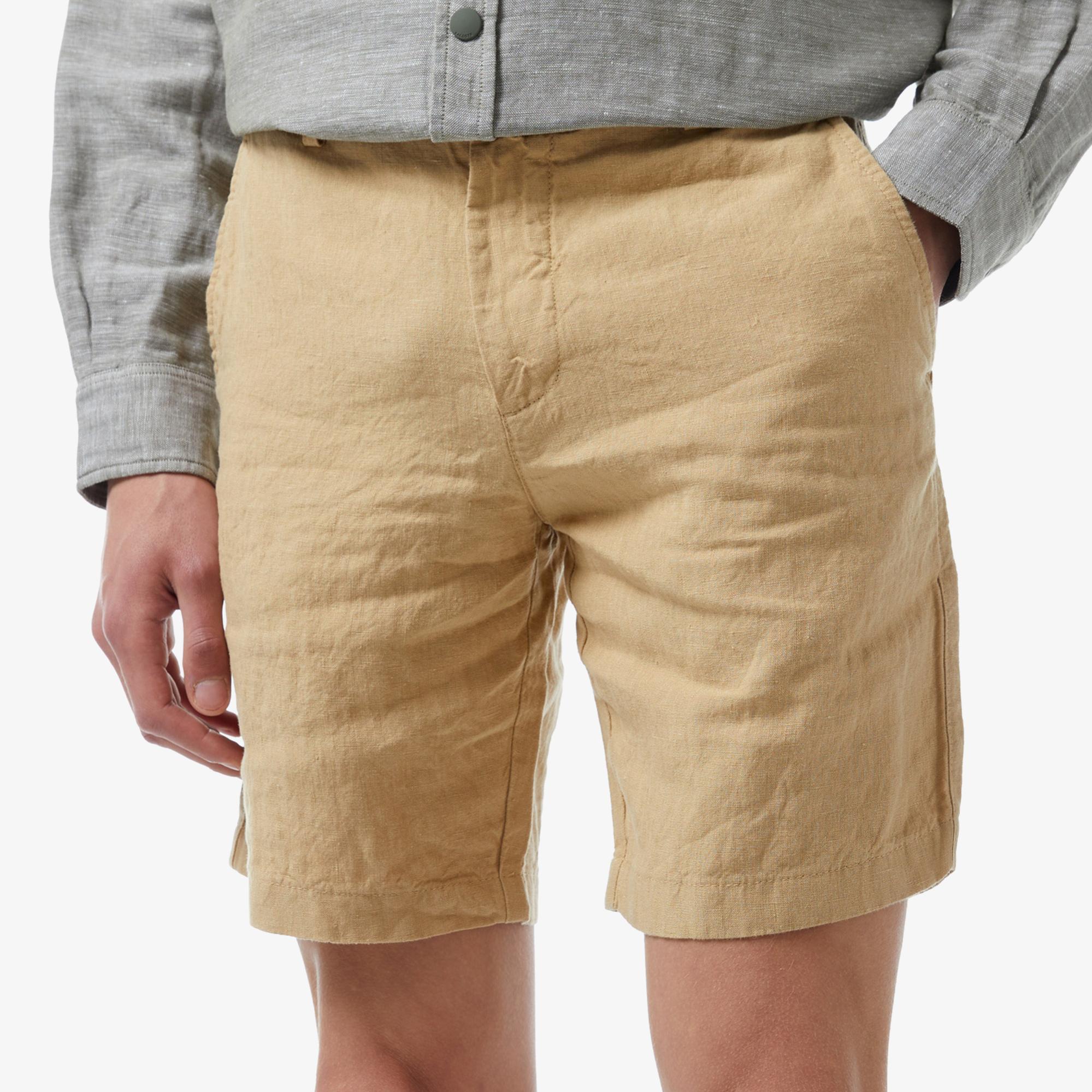 Erkek Slim Fit Keten Bej Bermuda