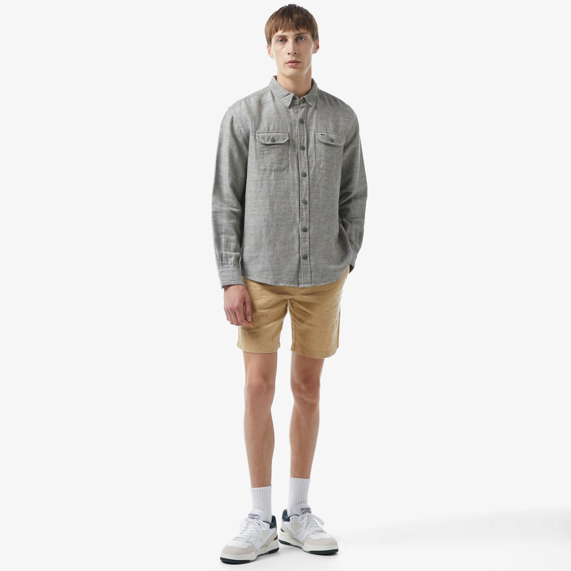 Erkek Slim Fit Keten Bej Bermuda