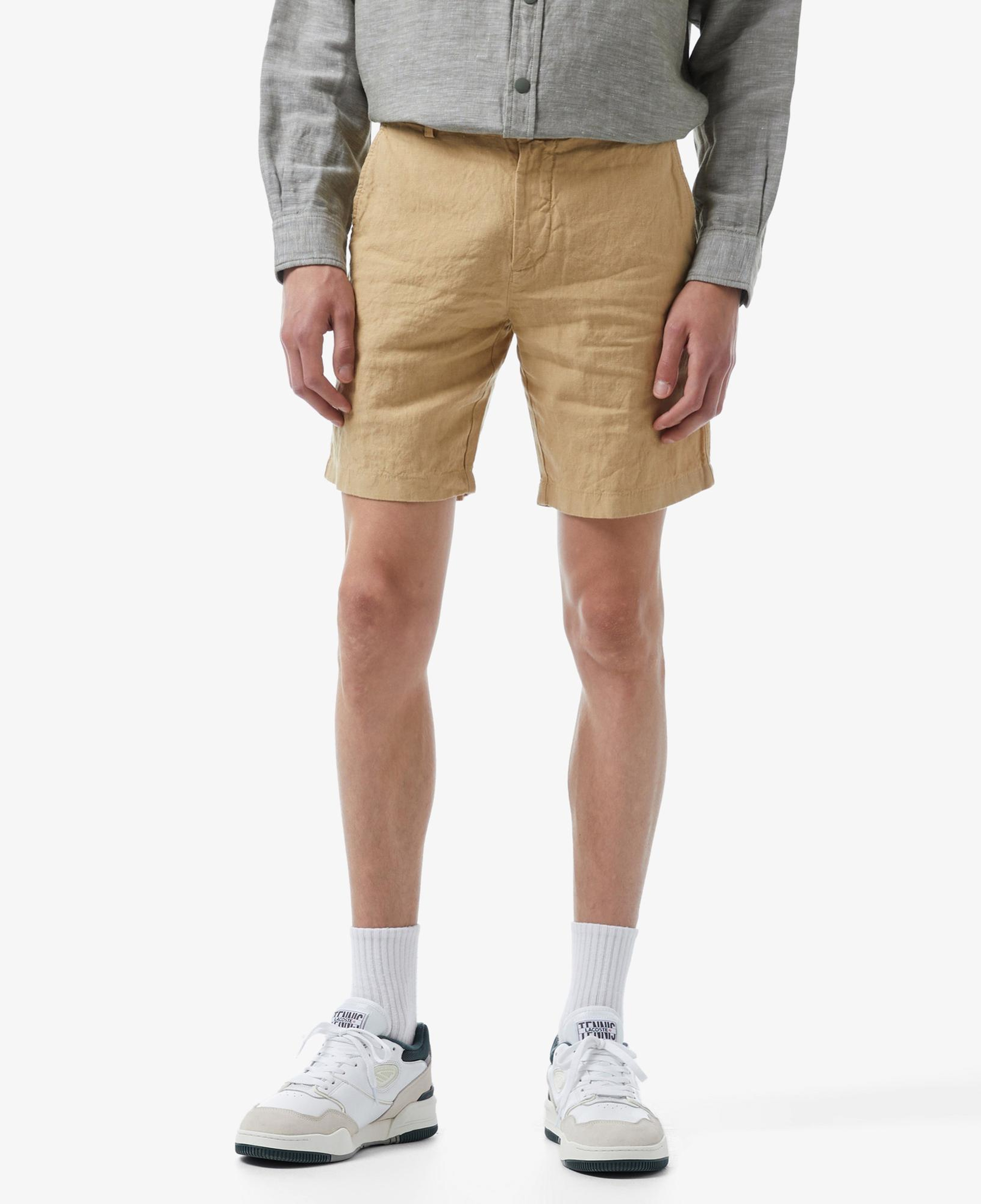 Erkek Slim Fit Keten Bej Bermuda