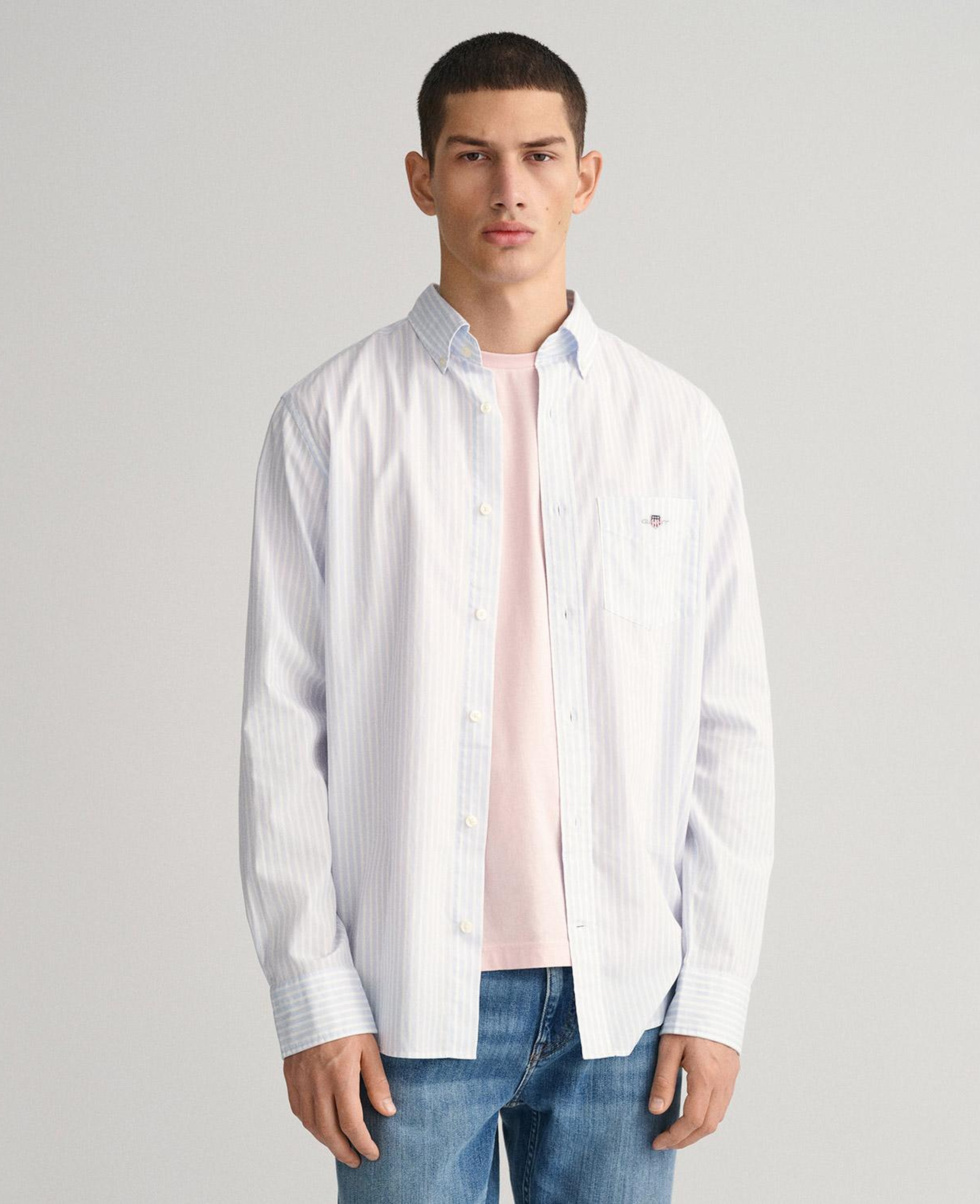 GANT Erkek Mavi Regular Fit Düğmeli Yaka Çizgili Poplin Gömlek