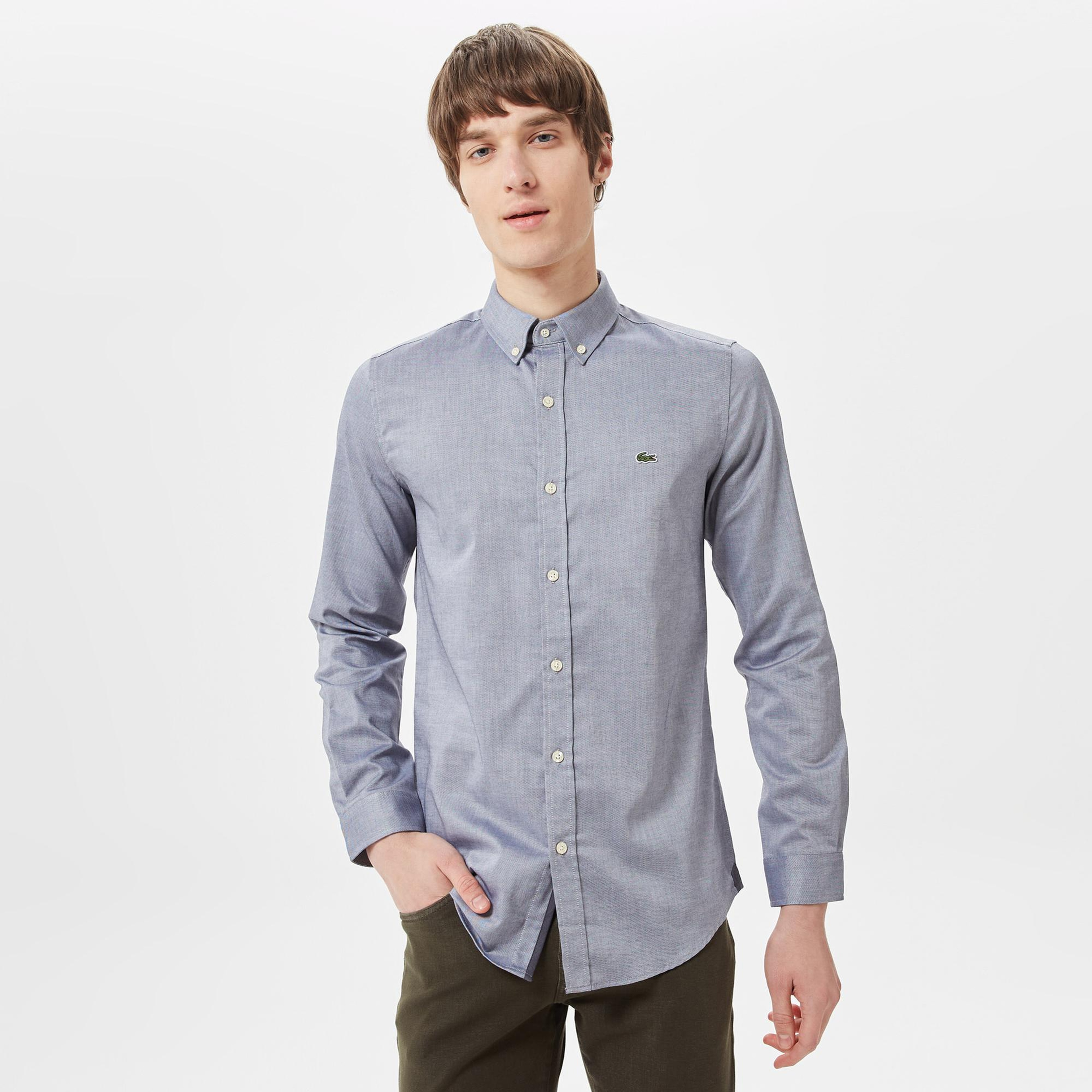 Erkek Slim Fit Düğmeli Yaka Lacivert Gömlek