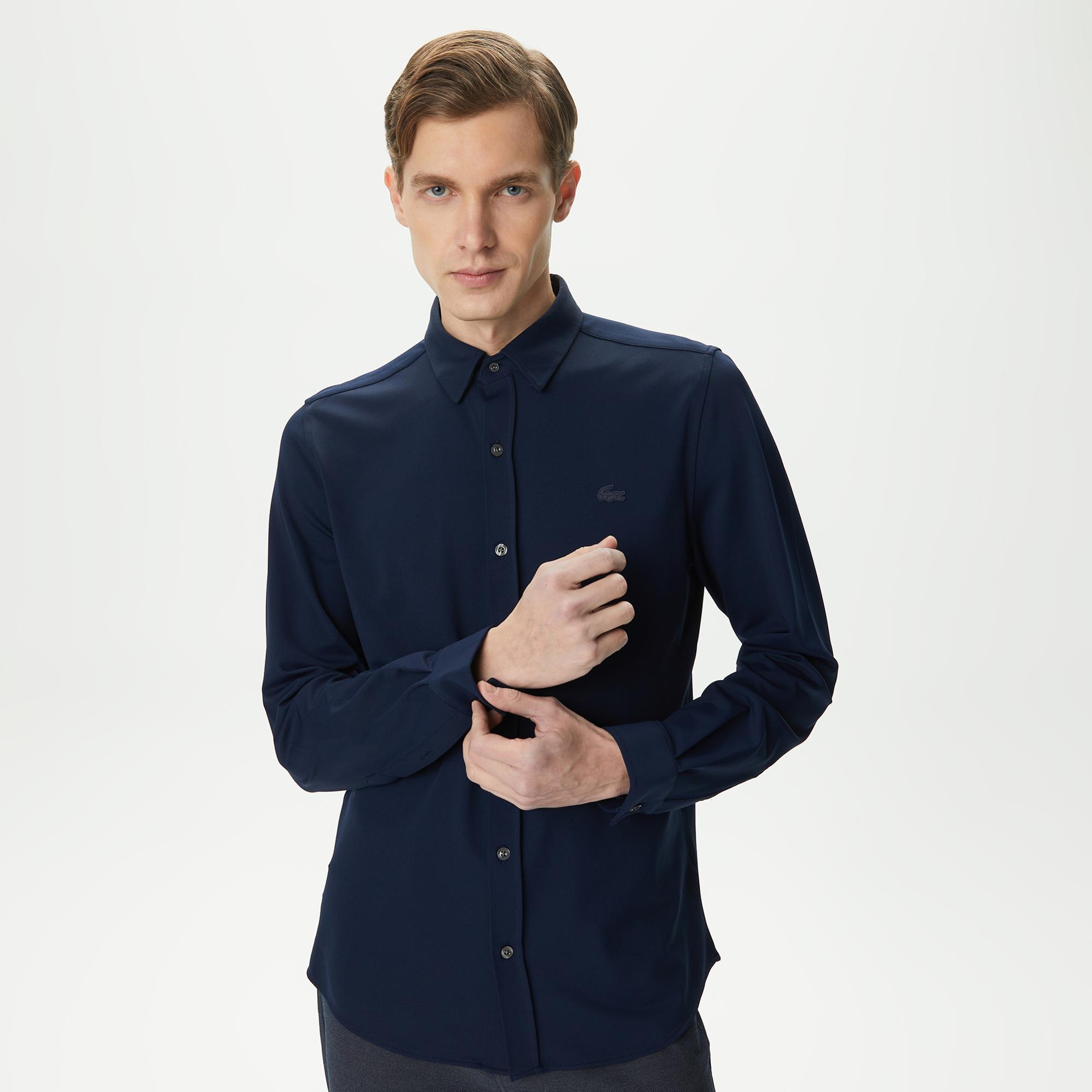 Erkek Slim Fit Düğmeli Yaka Lacivert Gömlek