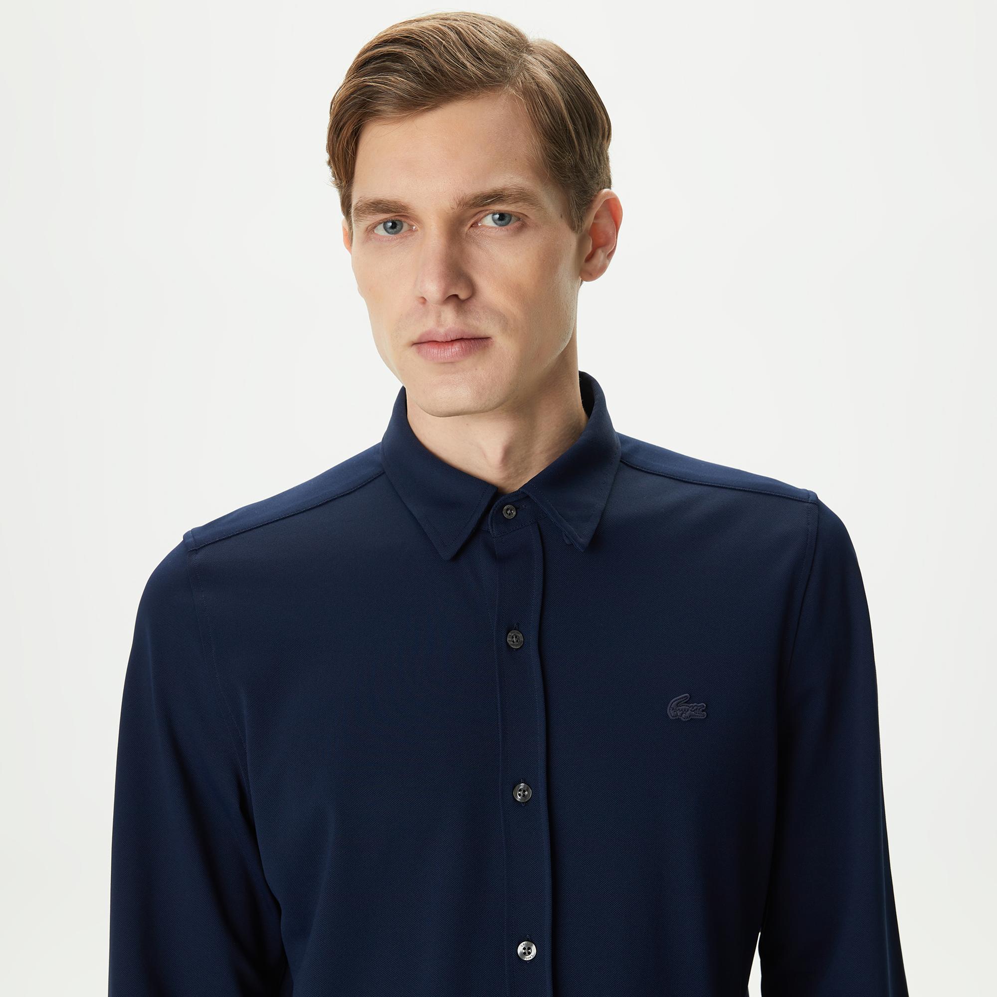 Erkek Slim Fit Düğmeli Yaka Lacivert Gömlek