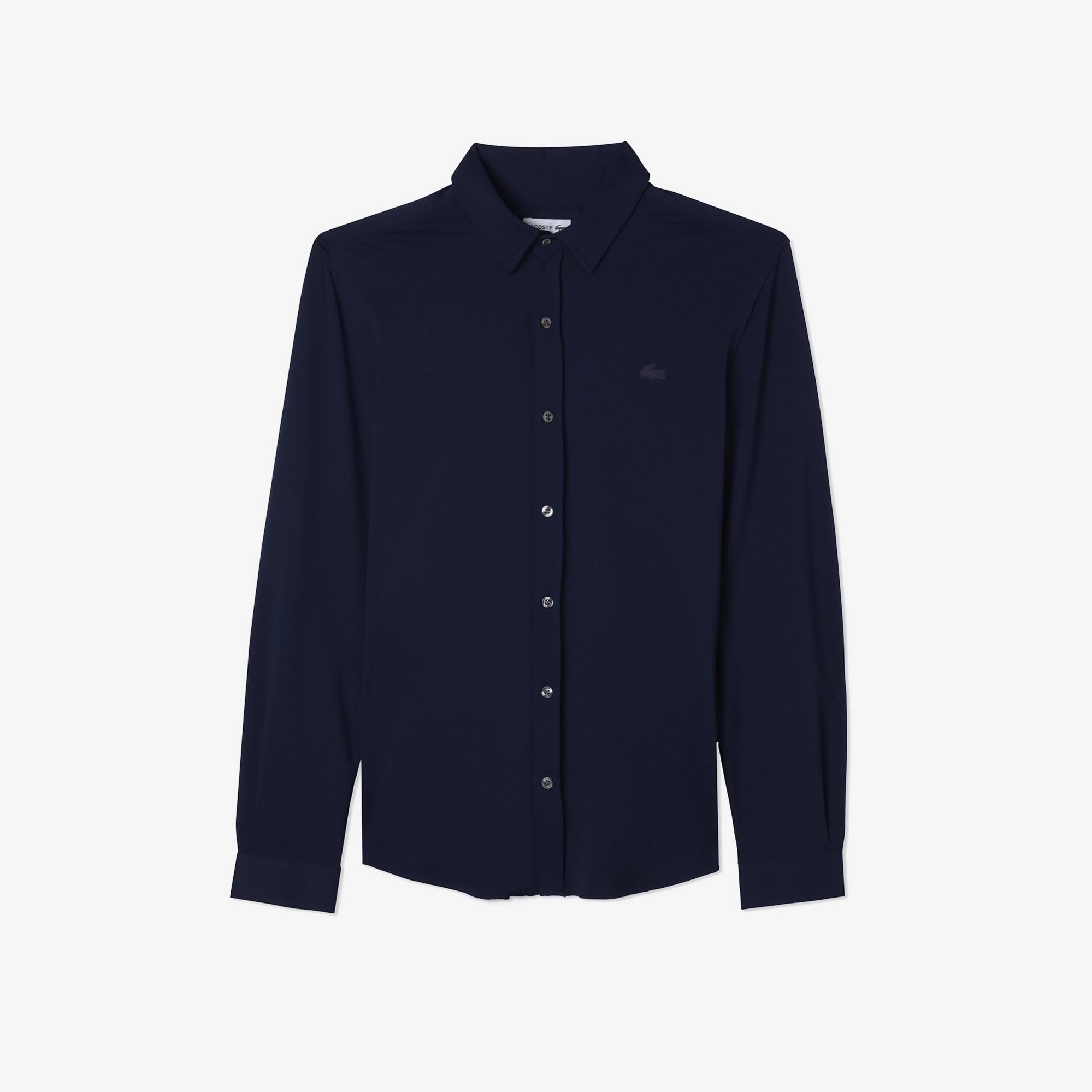 Erkek Slim Fit Düğmeli Yaka Lacivert Gömlek