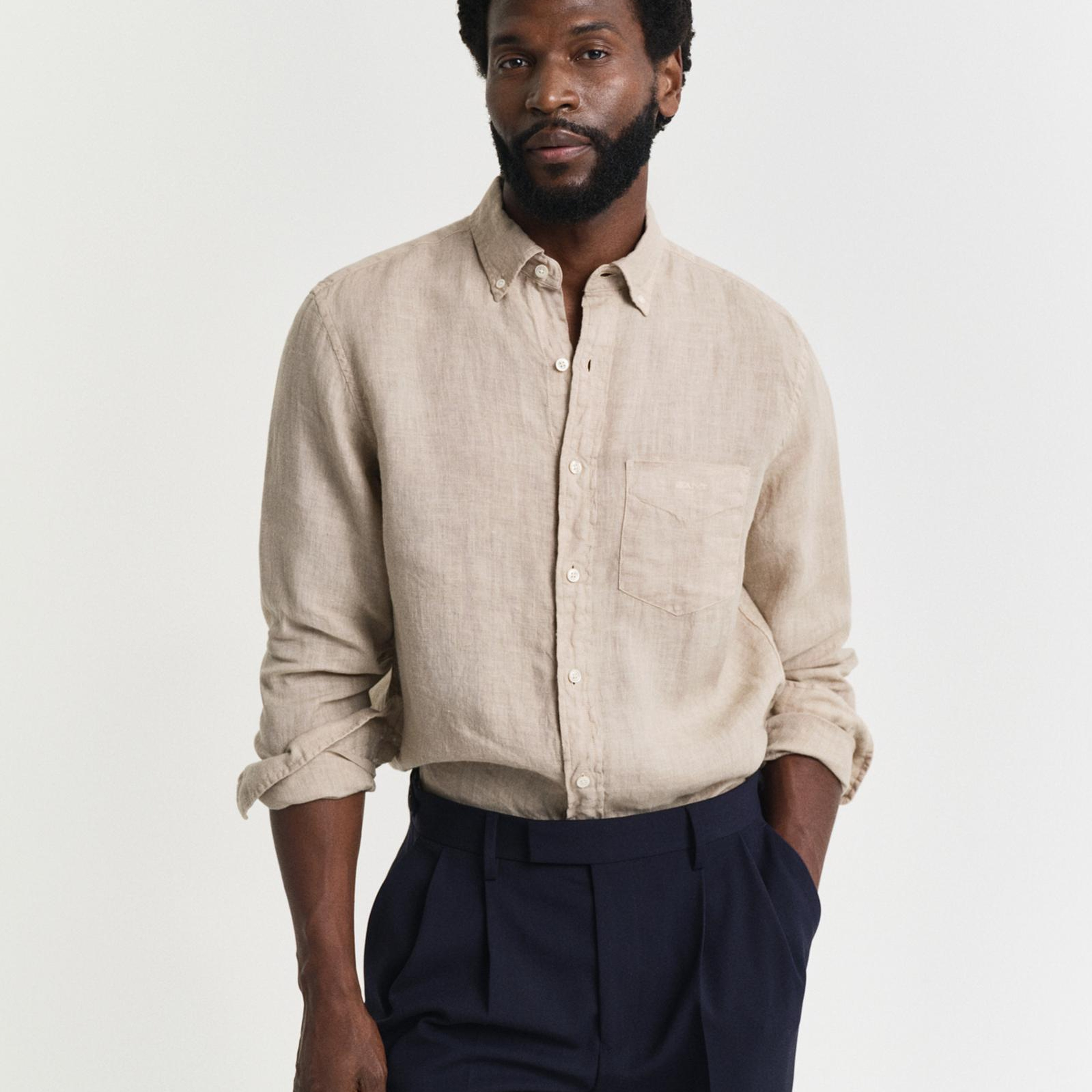 GANT Erkek Bej Regular Fit Düğmeli Yaka Keten Gömlek