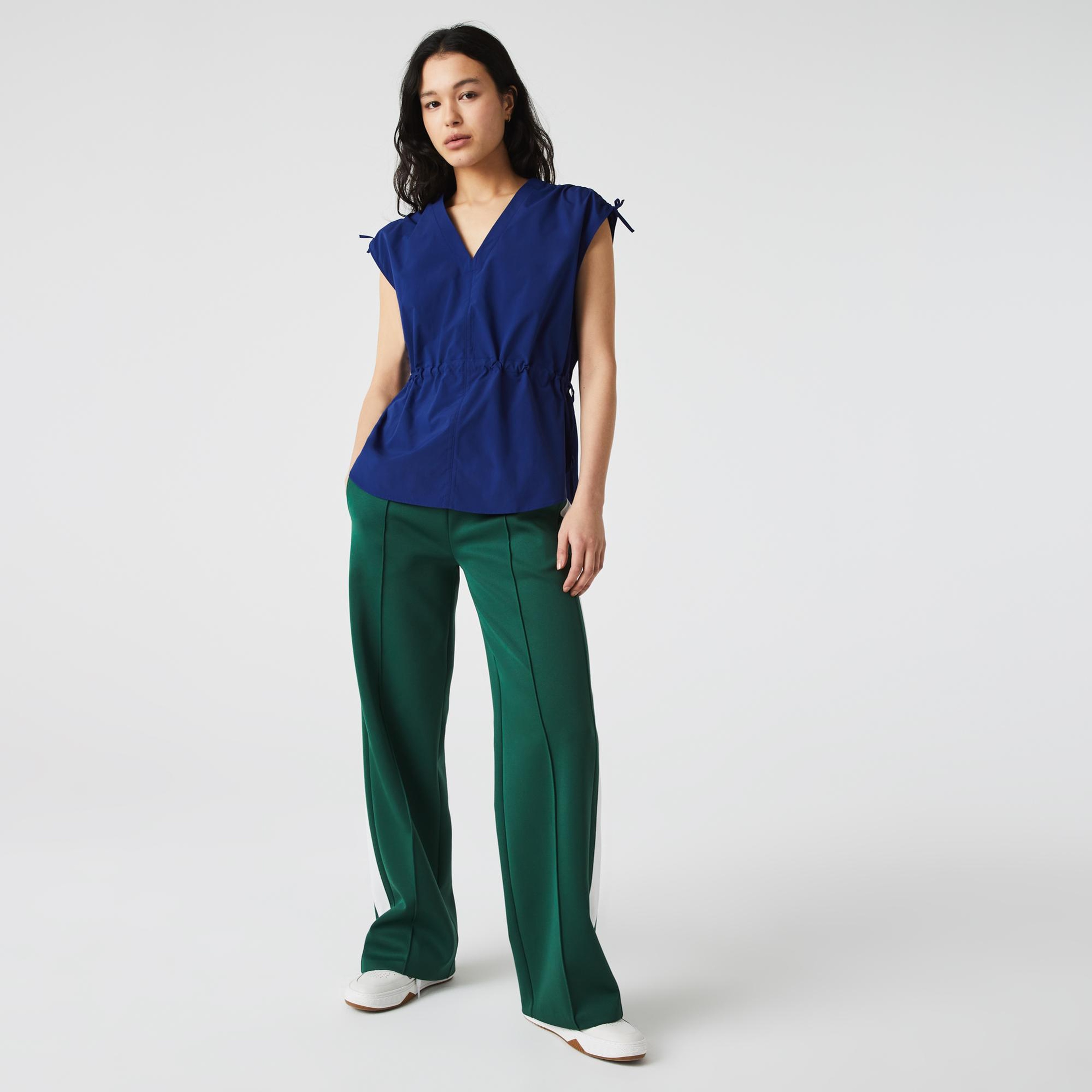 Lacoste Kadın Relaxed Fit Kısa Kollu V Yaka Lacivert Gömlek