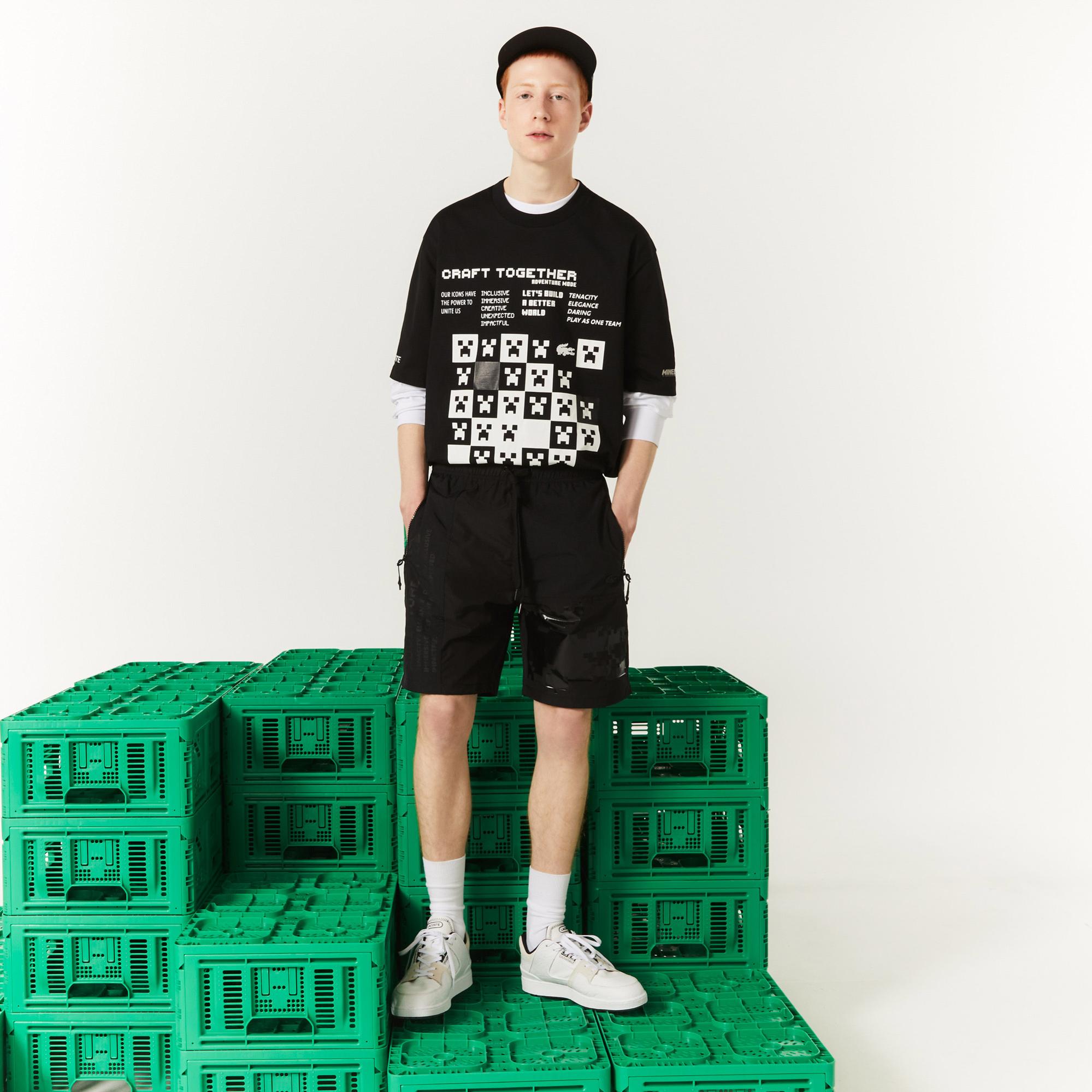 Lacoste L!VE x Minecraft Unisex Regular Fit Baskılı Siyah Şort