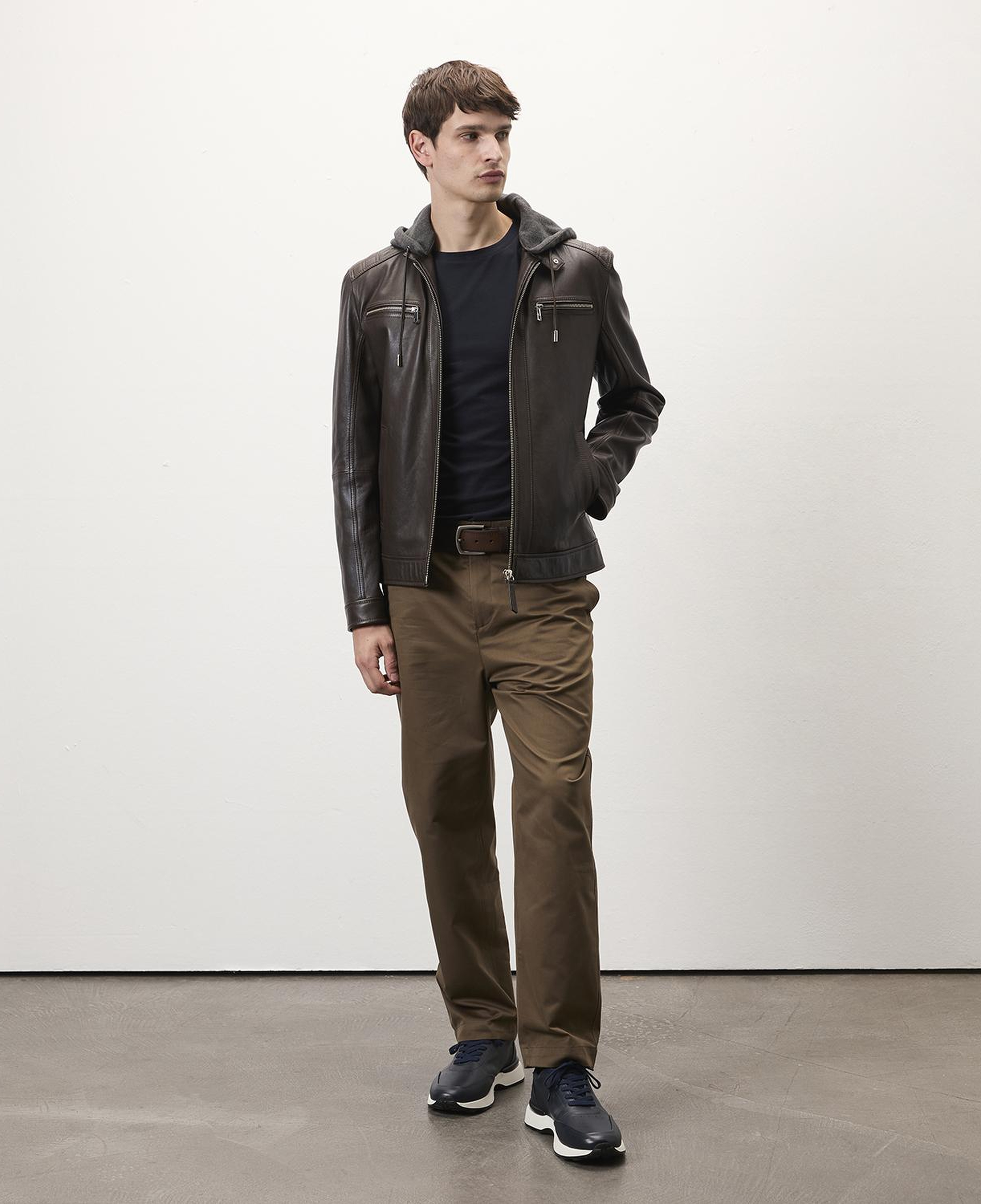 Analu Koyu Kahve Erkek Kapüşonlu Deri Mont