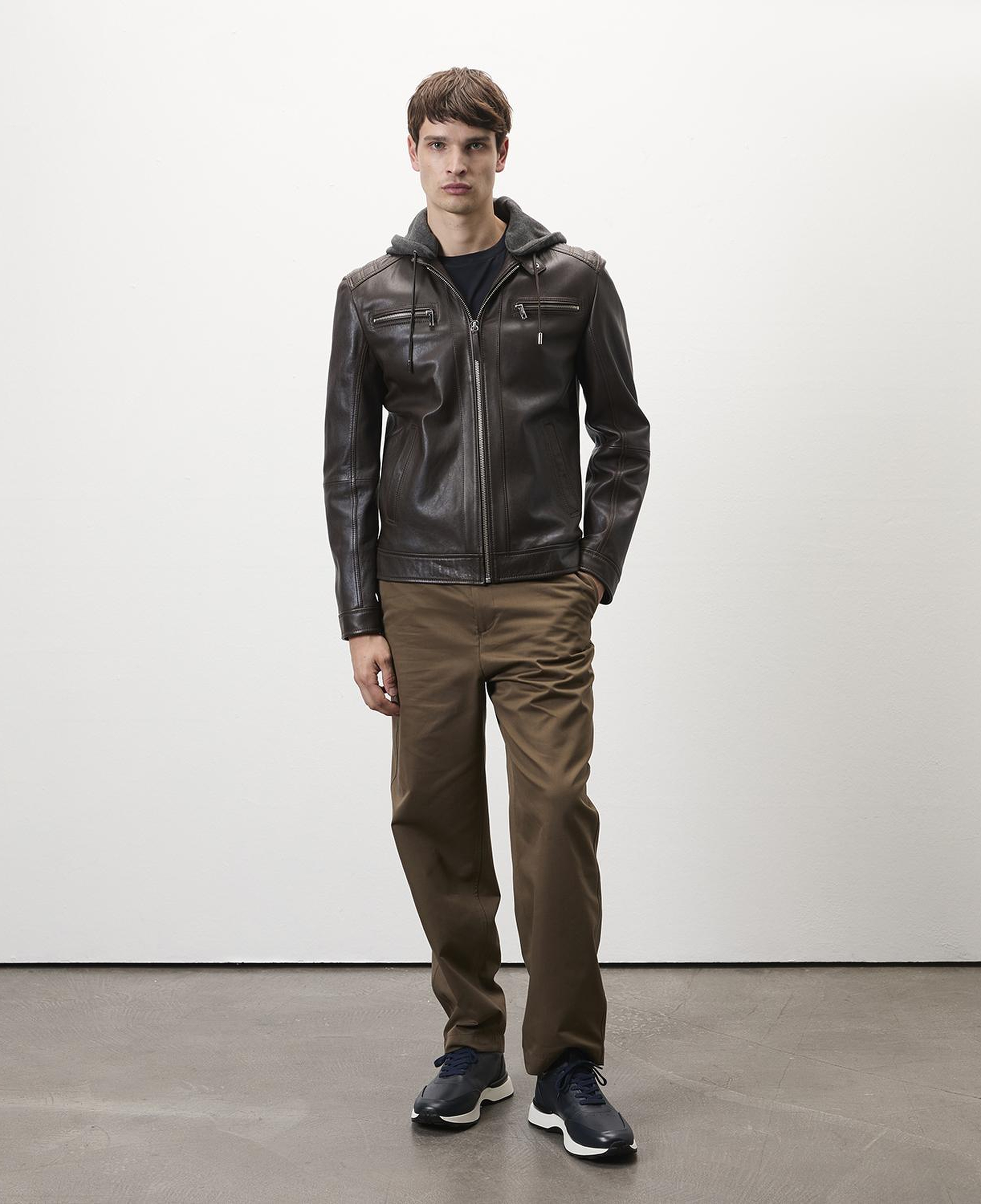 Analu Koyu Kahve Erkek Kapüşonlu Deri Mont