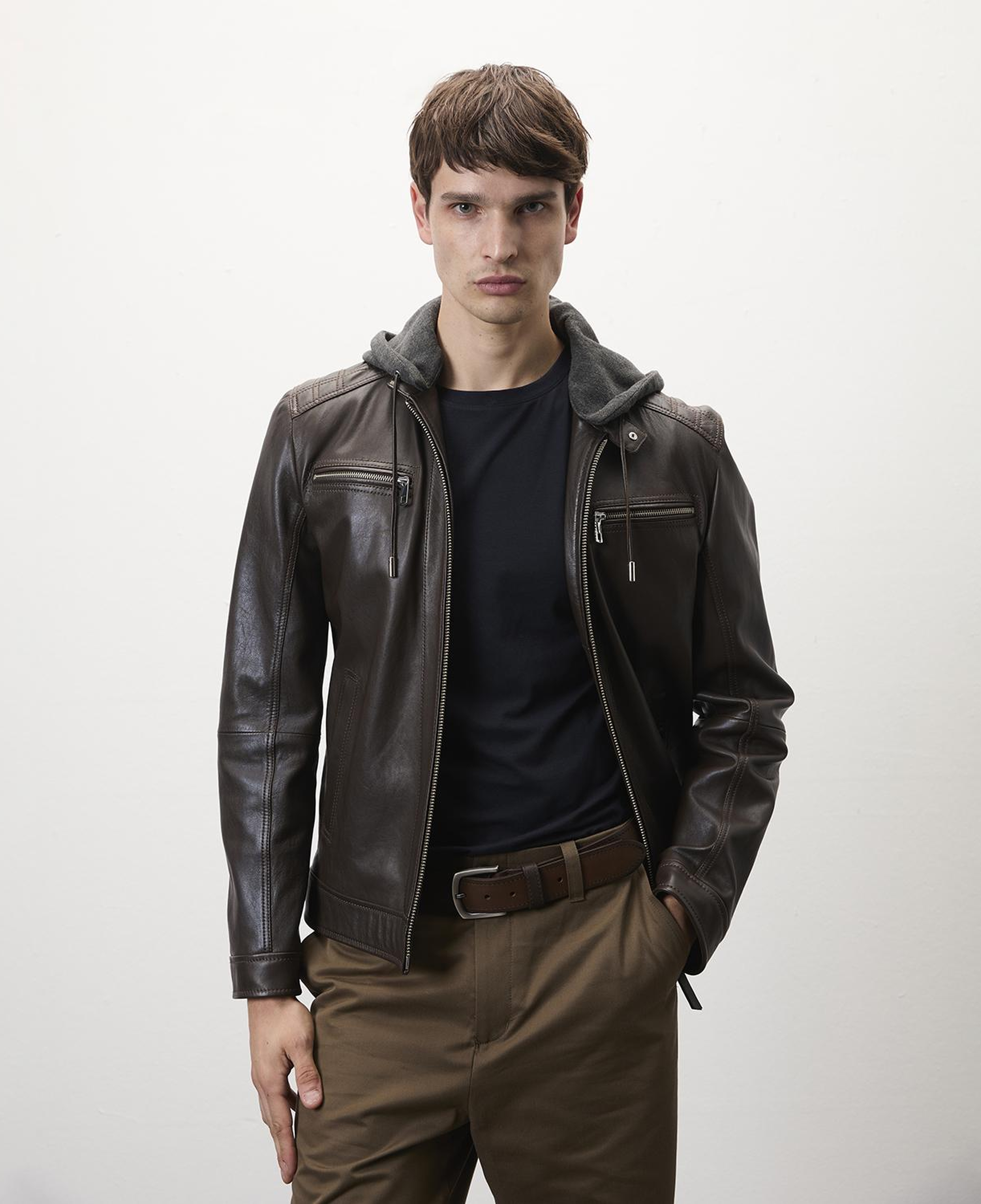 Analu Koyu Kahve Erkek Kapüşonlu Deri Mont