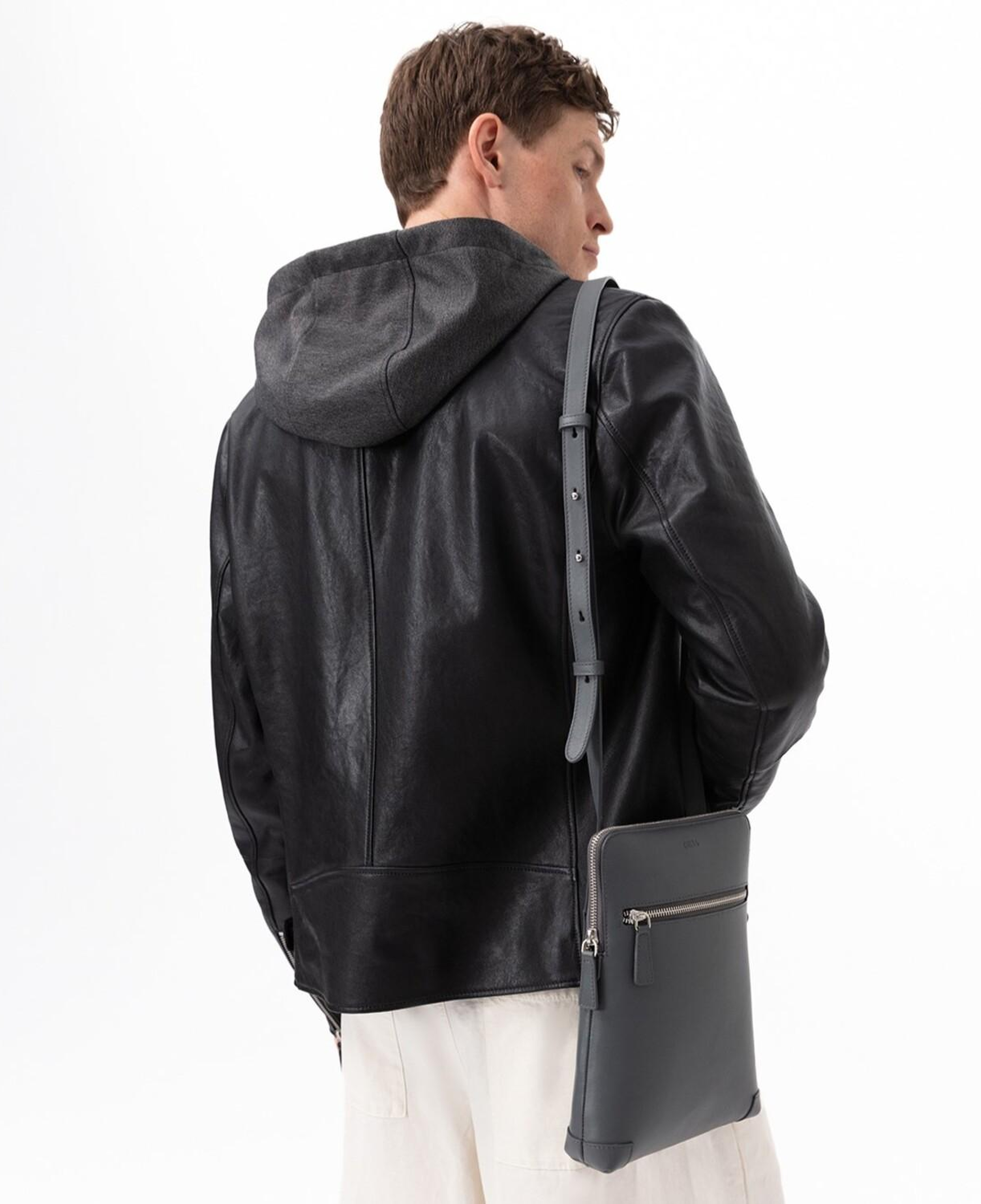 Aimone Siyah Erkek Kapüşonlu Deri Ceket