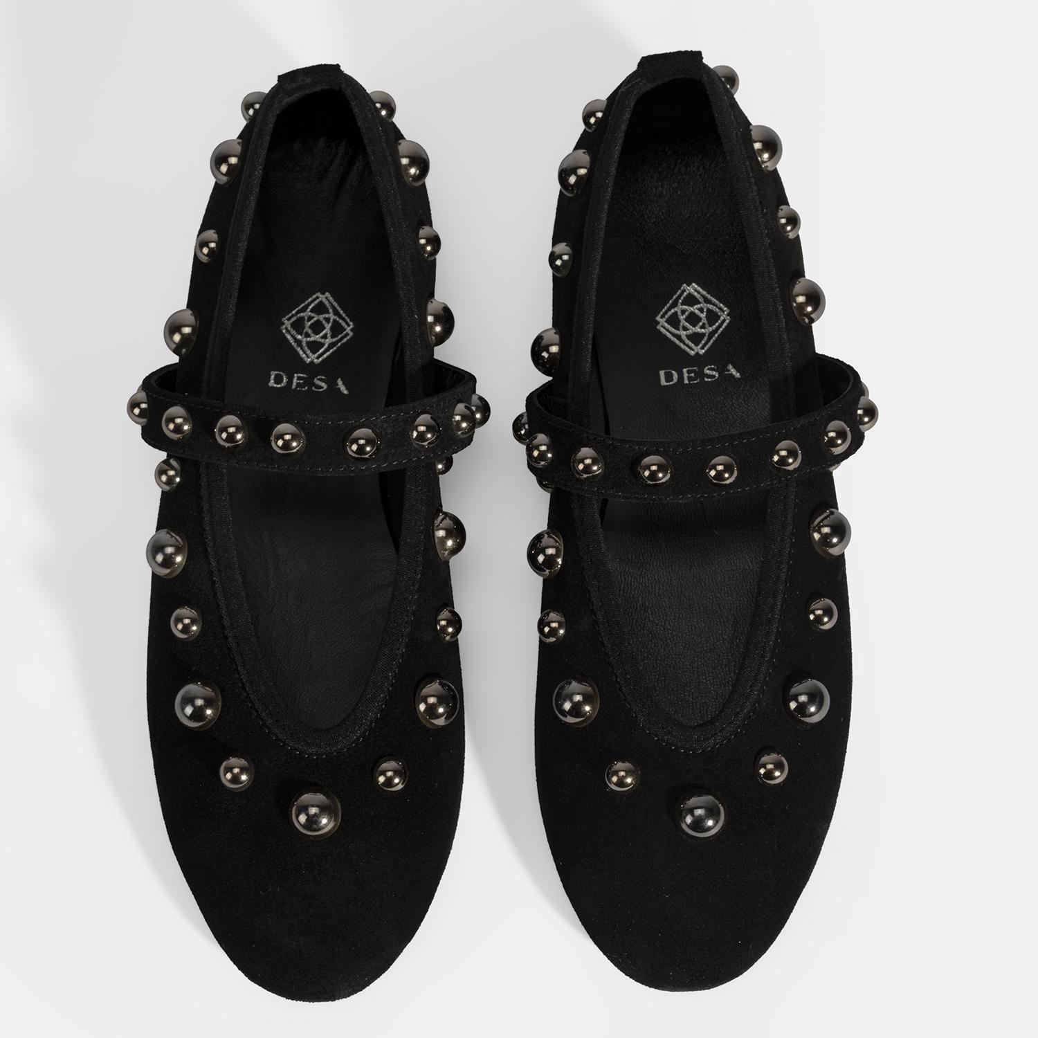 Kadın Siyah Metal Zımba Detaylı Mary Jane Babet