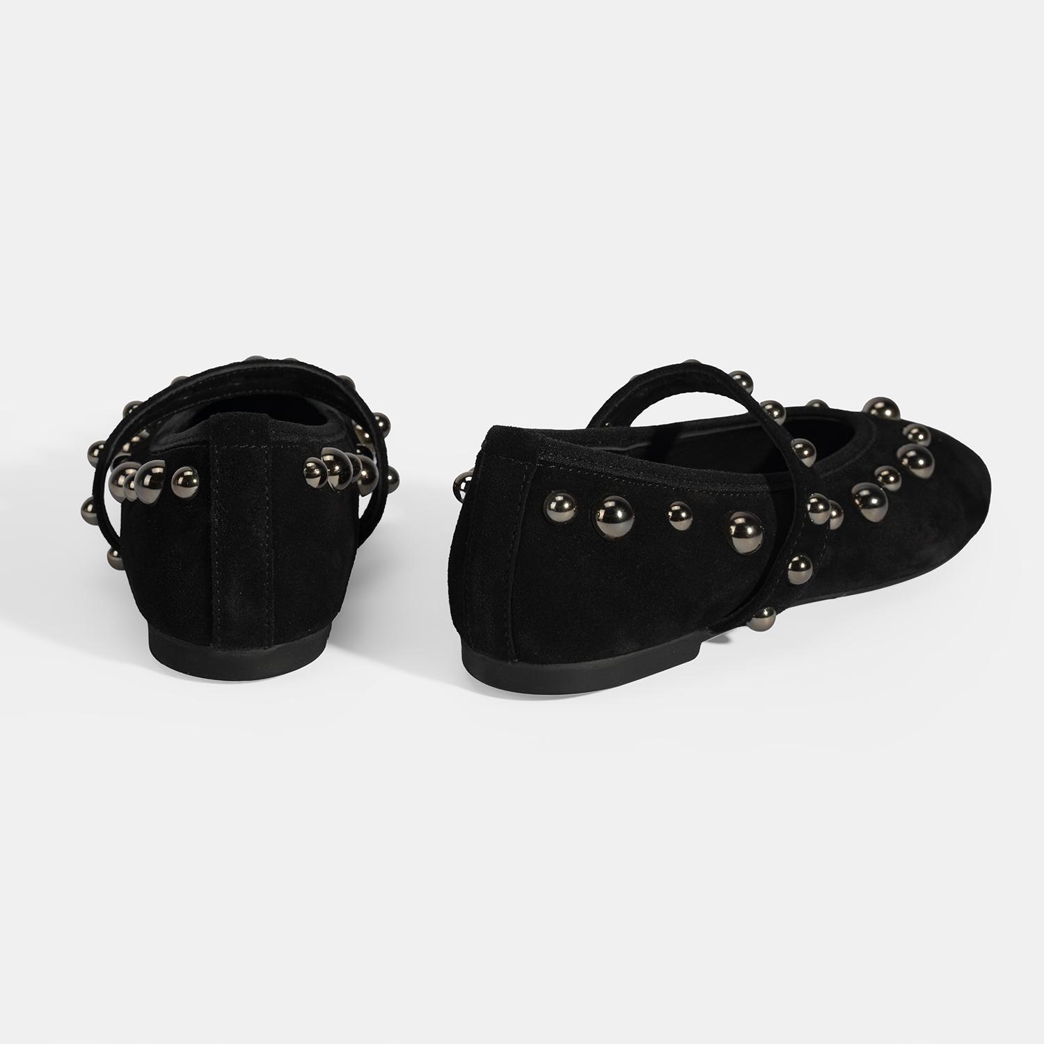 Kadın Siyah Metal Zımba Detaylı Mary Jane Babet