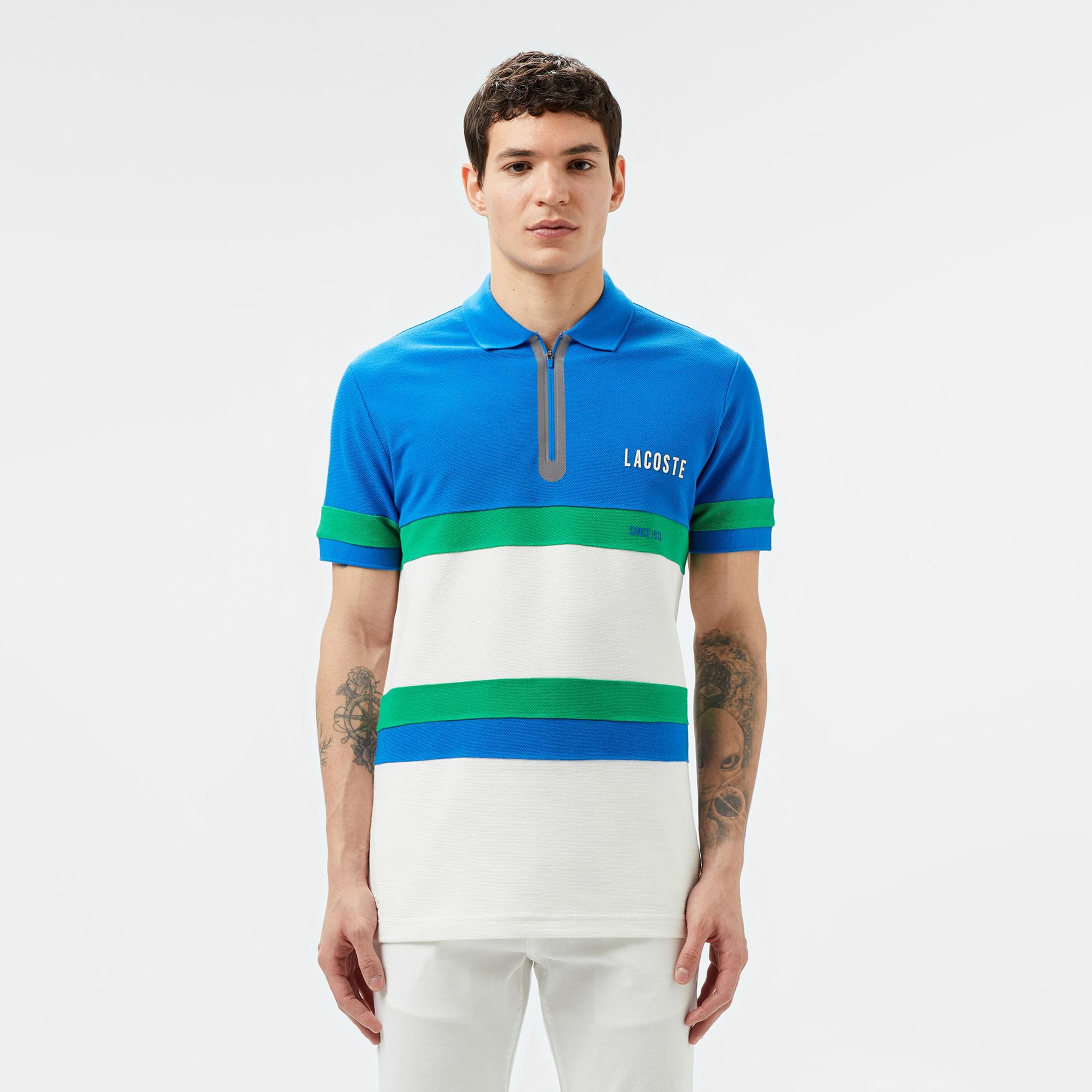 Lacoste Erkek Yarım Fermuarlı Renk Bloklu Beyaz Polo