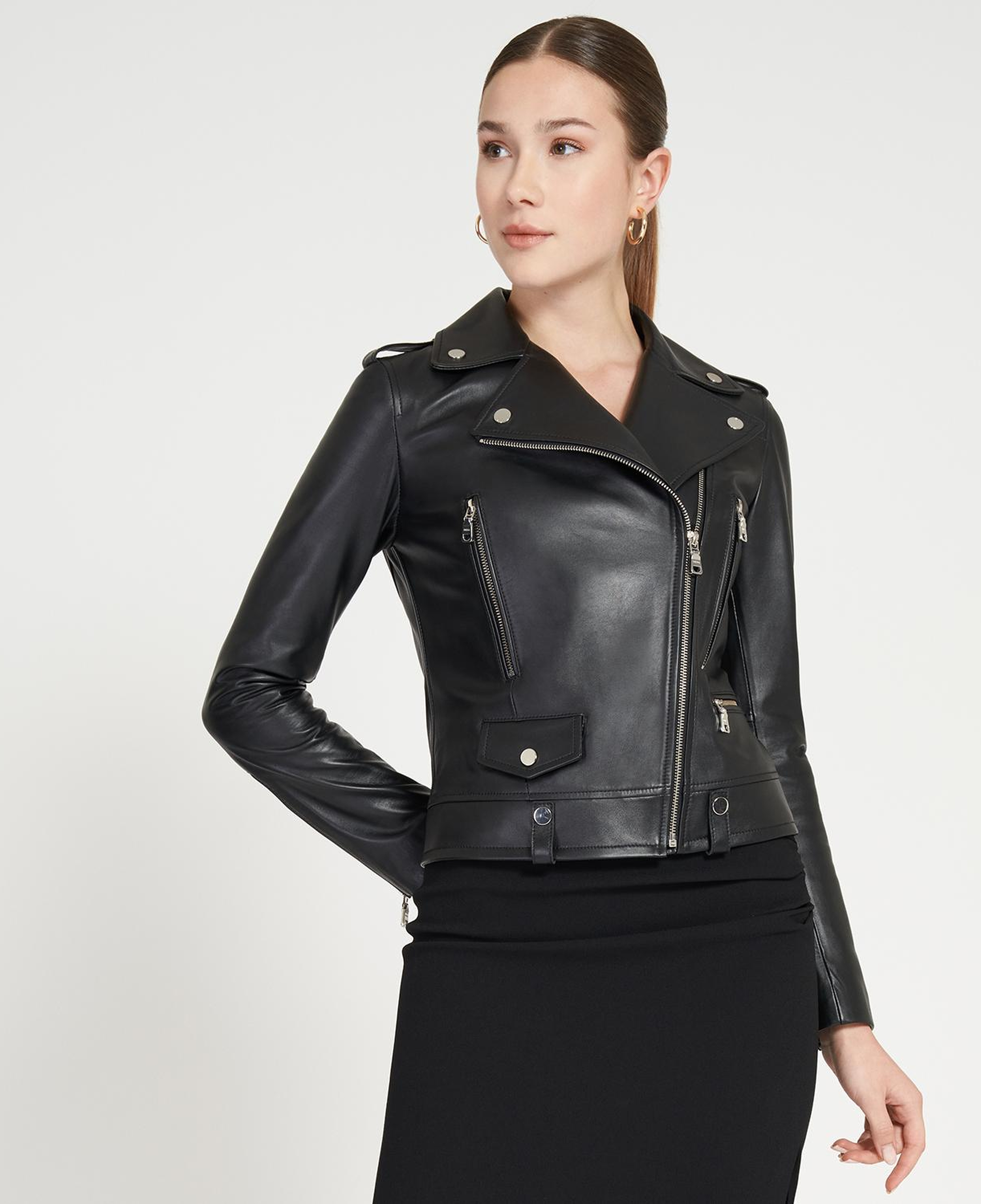 Amelia Siyah Kadın Biker Deri Ceket