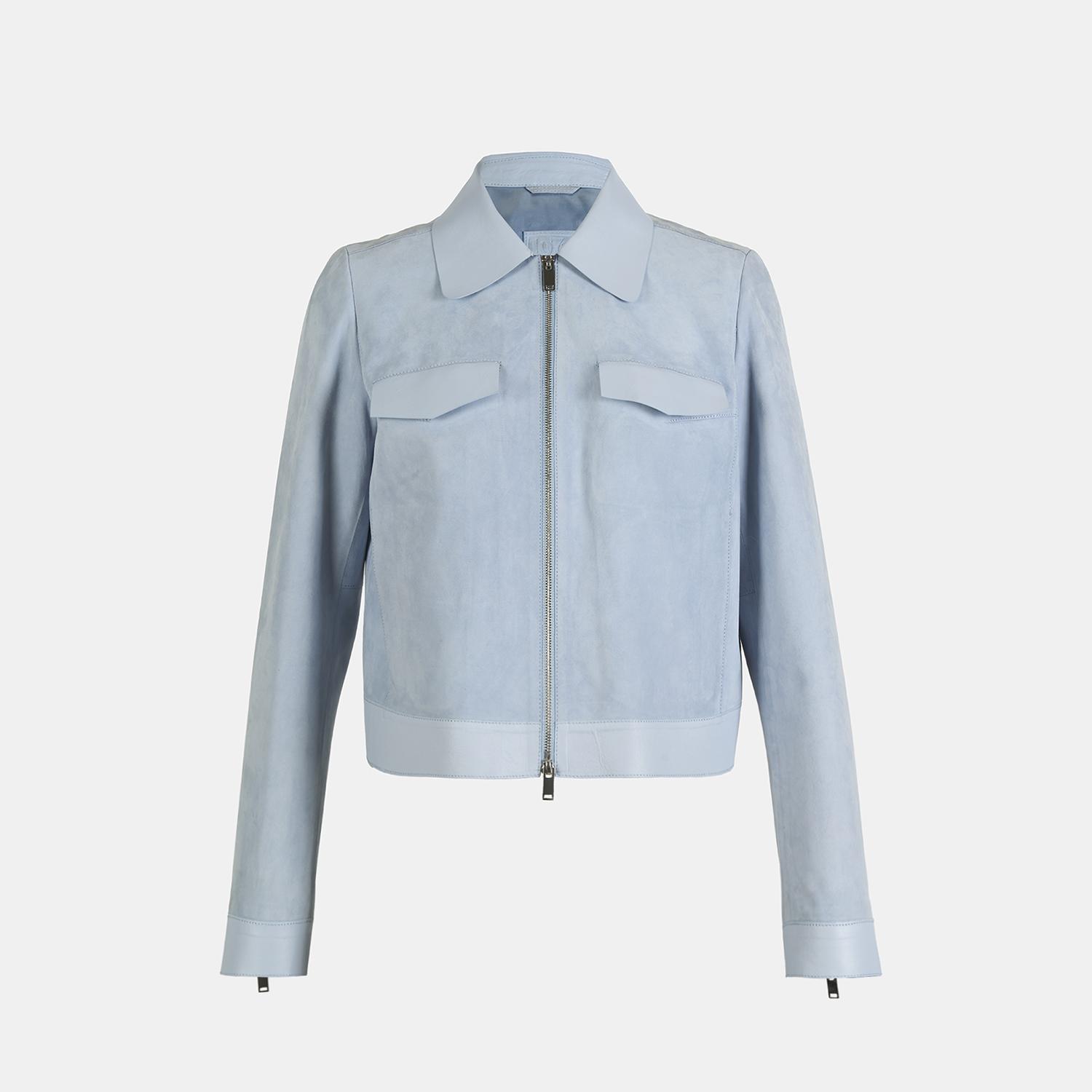 Limited Edition Kadın Mavi Deri Detaylı Fermuarlı Süet Ceket