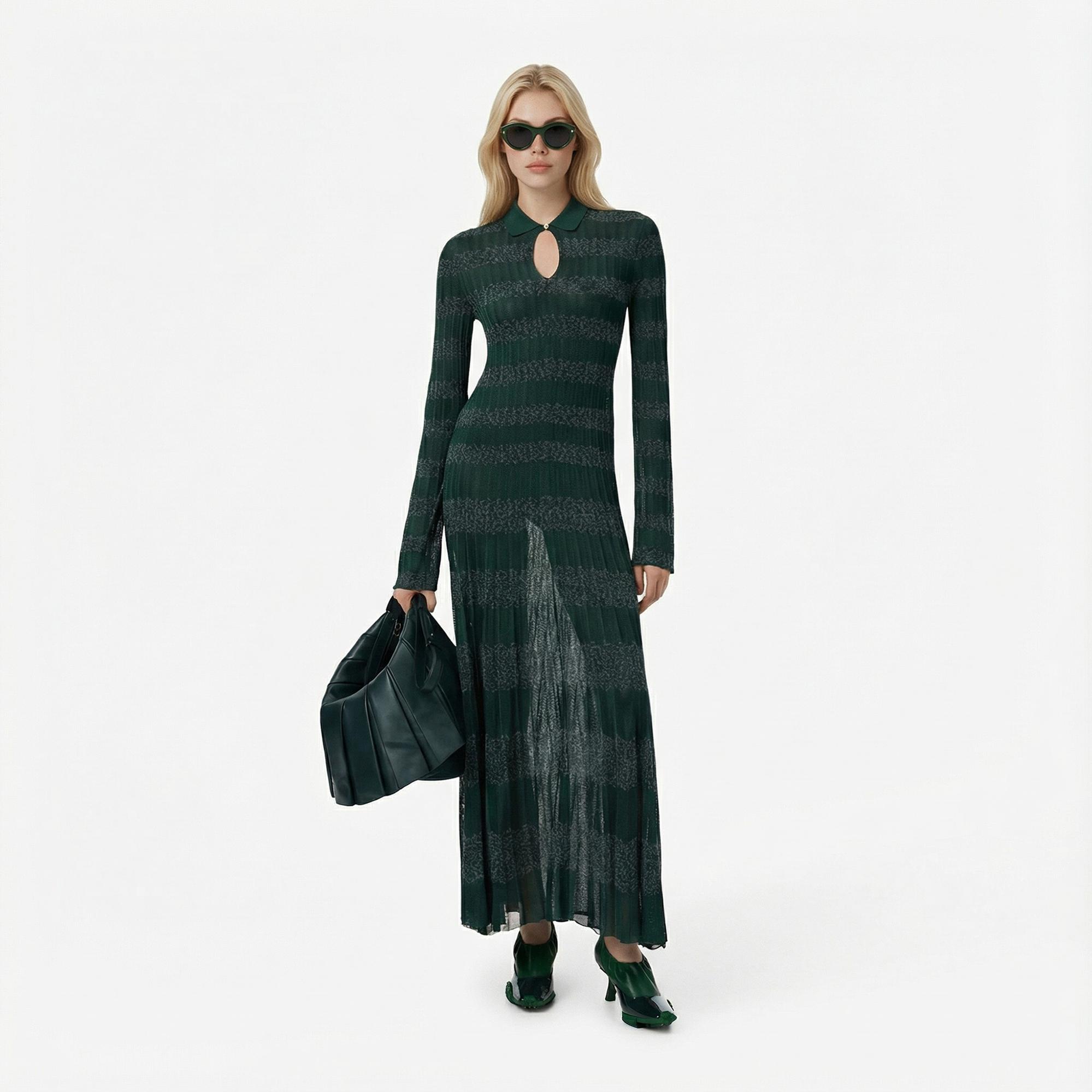 Lacoste Runway Kadın Polo Yaka Desenli Yeşil Elbise