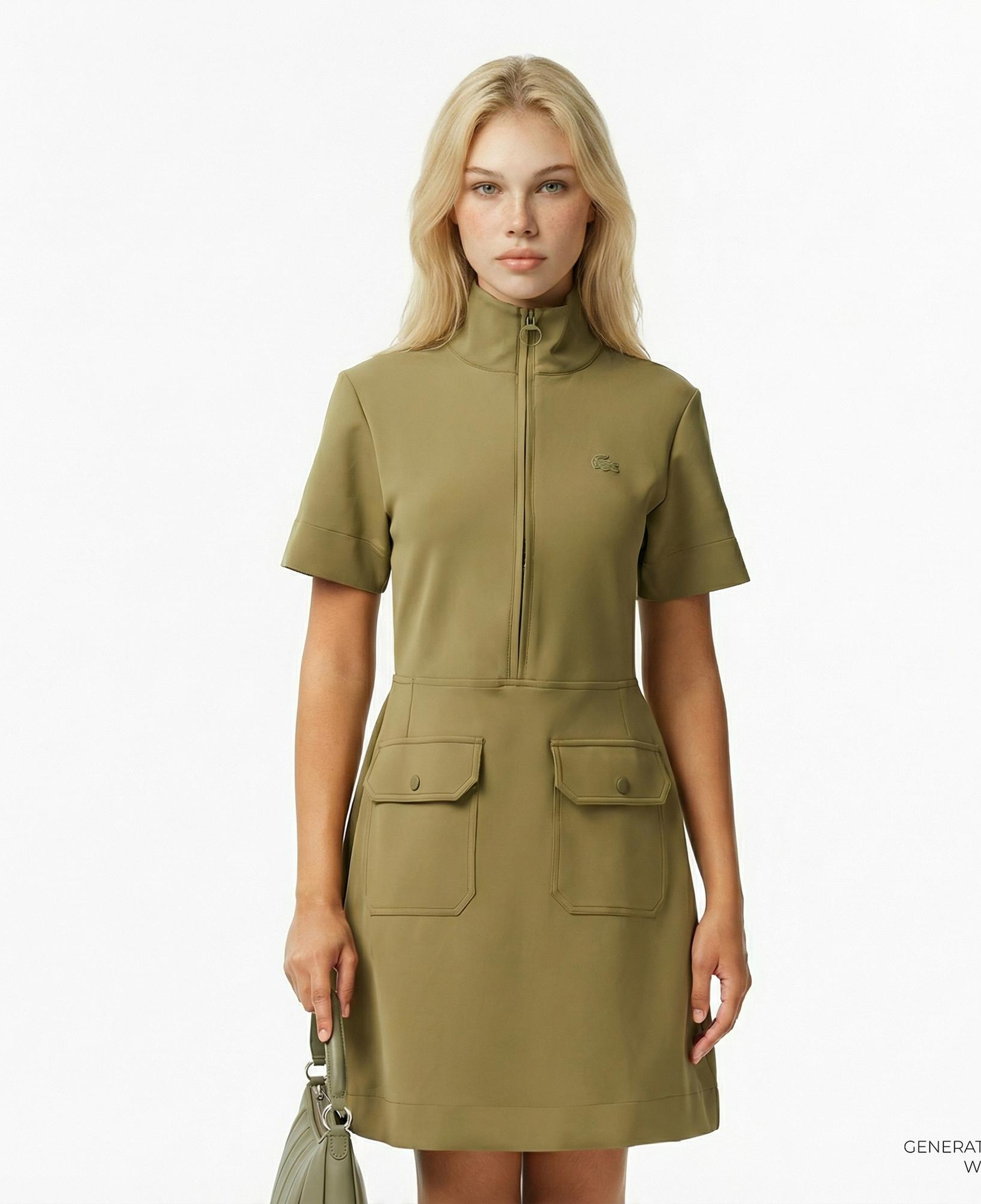 Lacoste Kadın Classic Fit Kısa Kollu Dik Yaka Haki Elbise