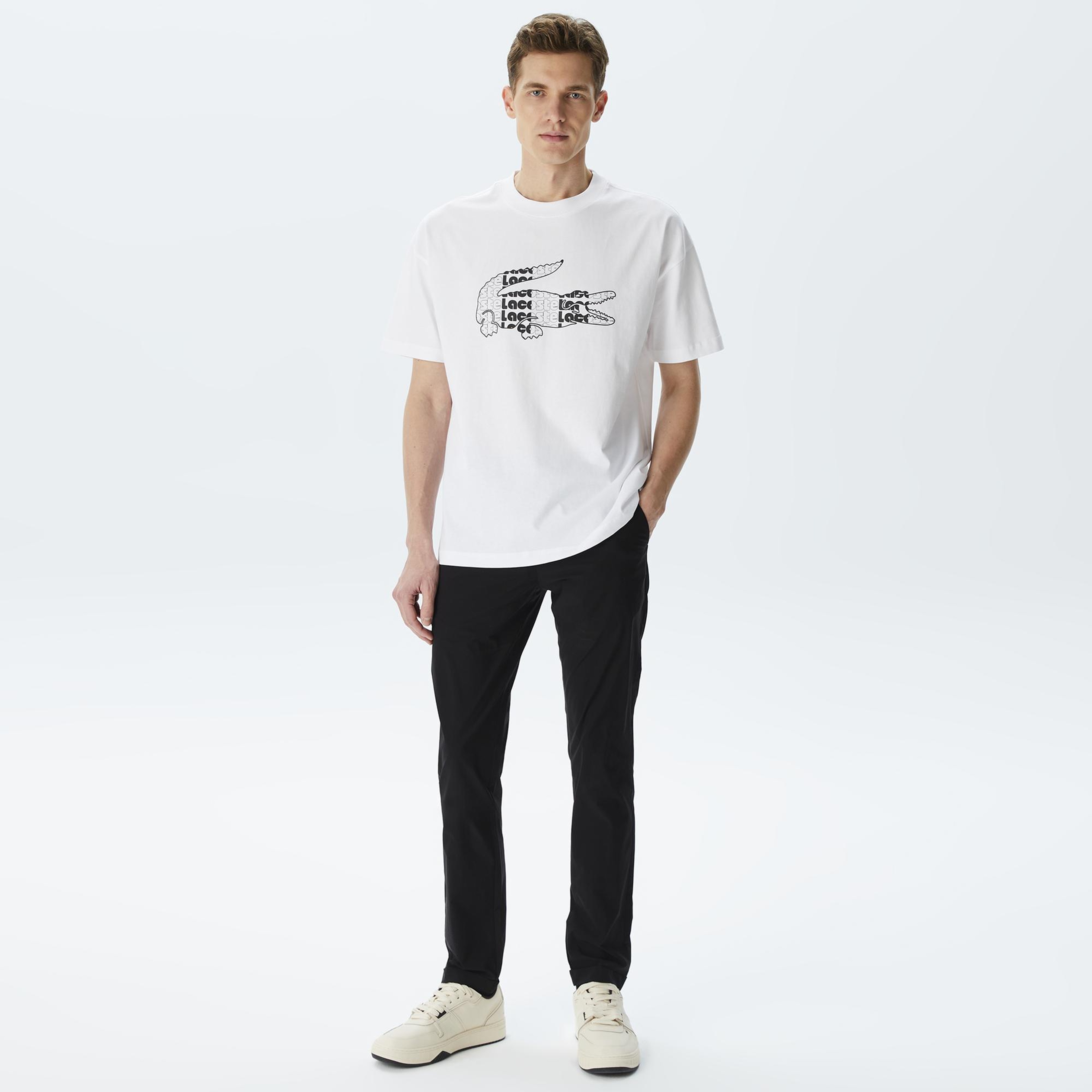 Lacoste Erkek Relaxed Fit Bisiklet Yaka Baskılı Beyaz T-Shirt