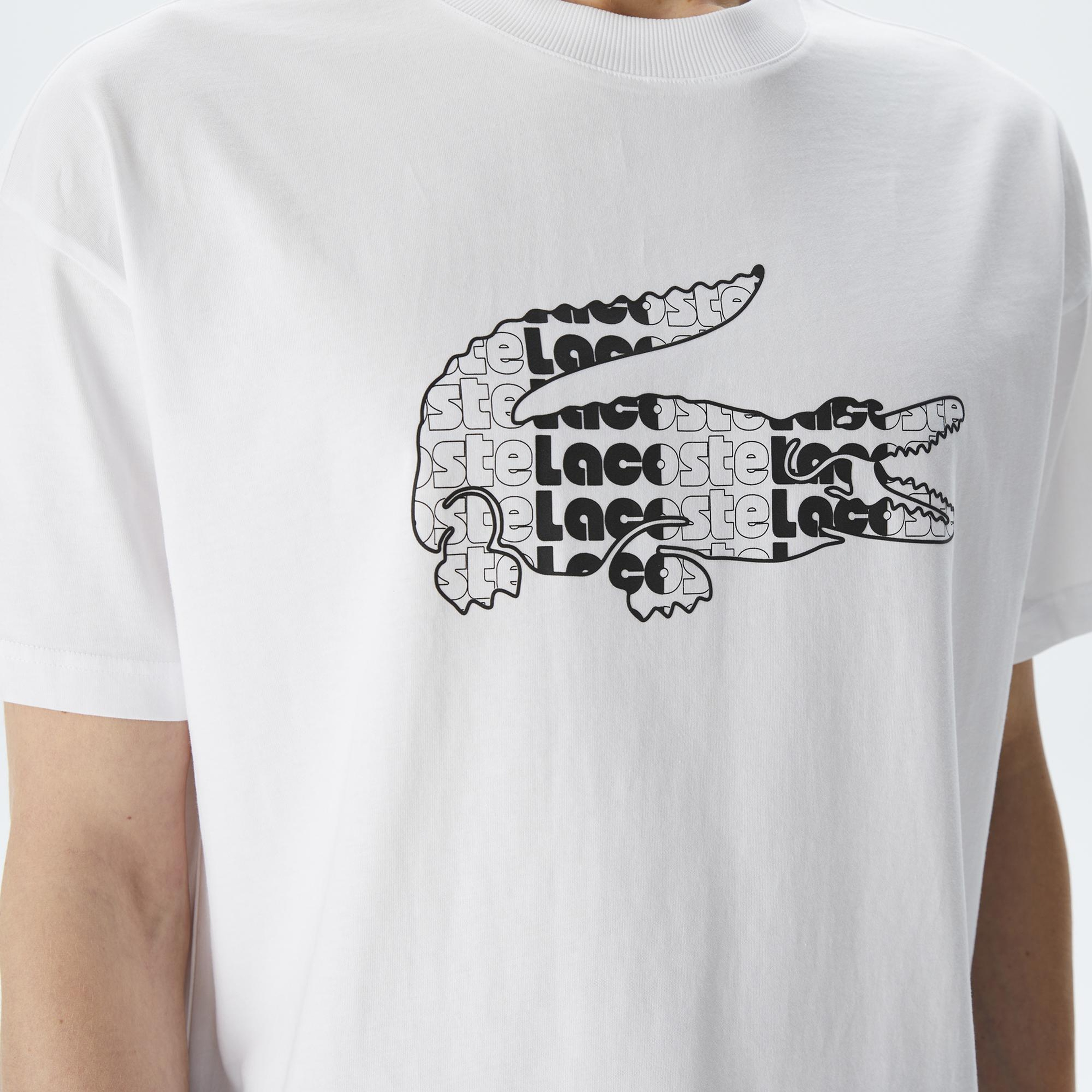 Lacoste Erkek Relaxed Fit Bisiklet Yaka Baskılı Beyaz T-Shirt