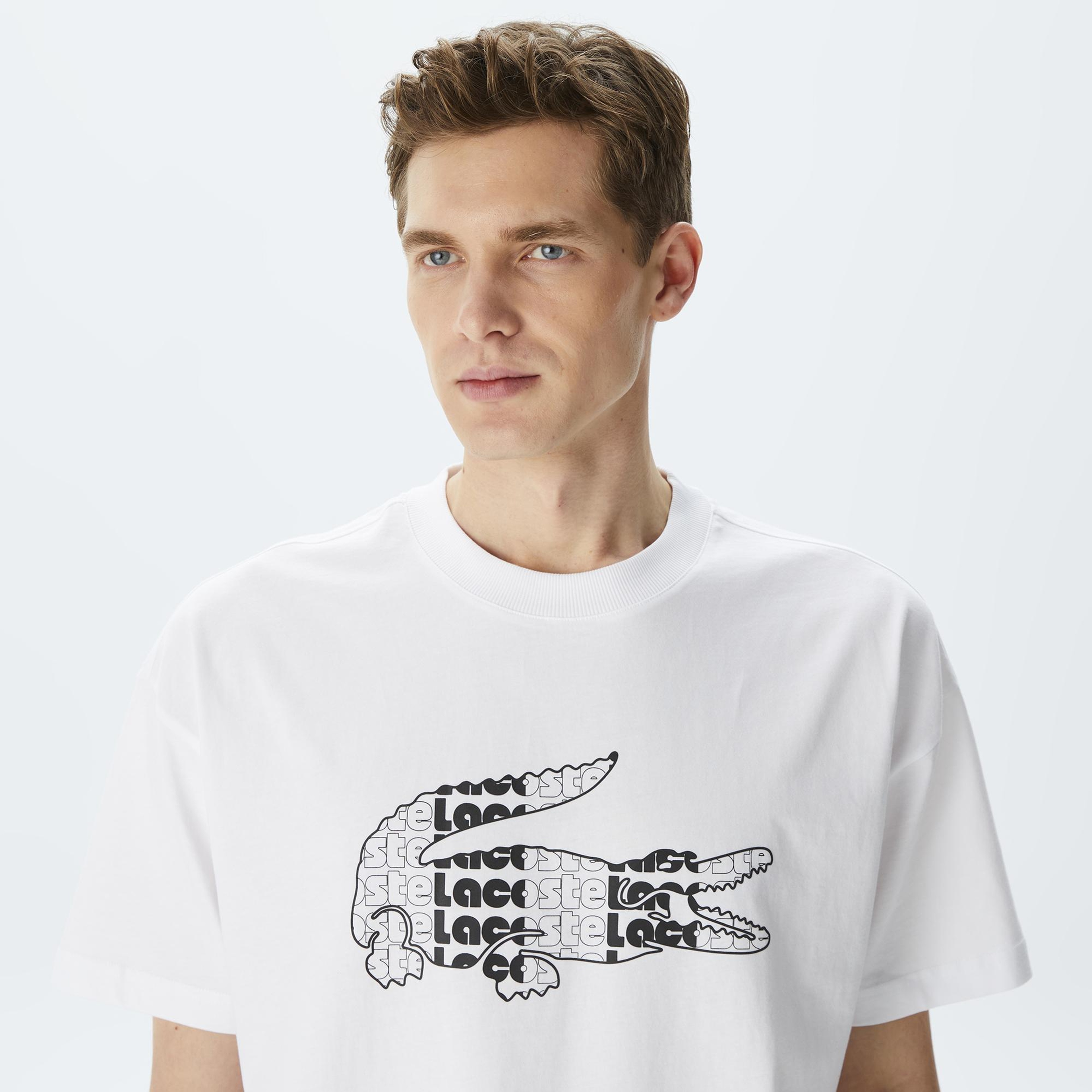 Lacoste Erkek Relaxed Fit Bisiklet Yaka Baskılı Beyaz T-Shirt