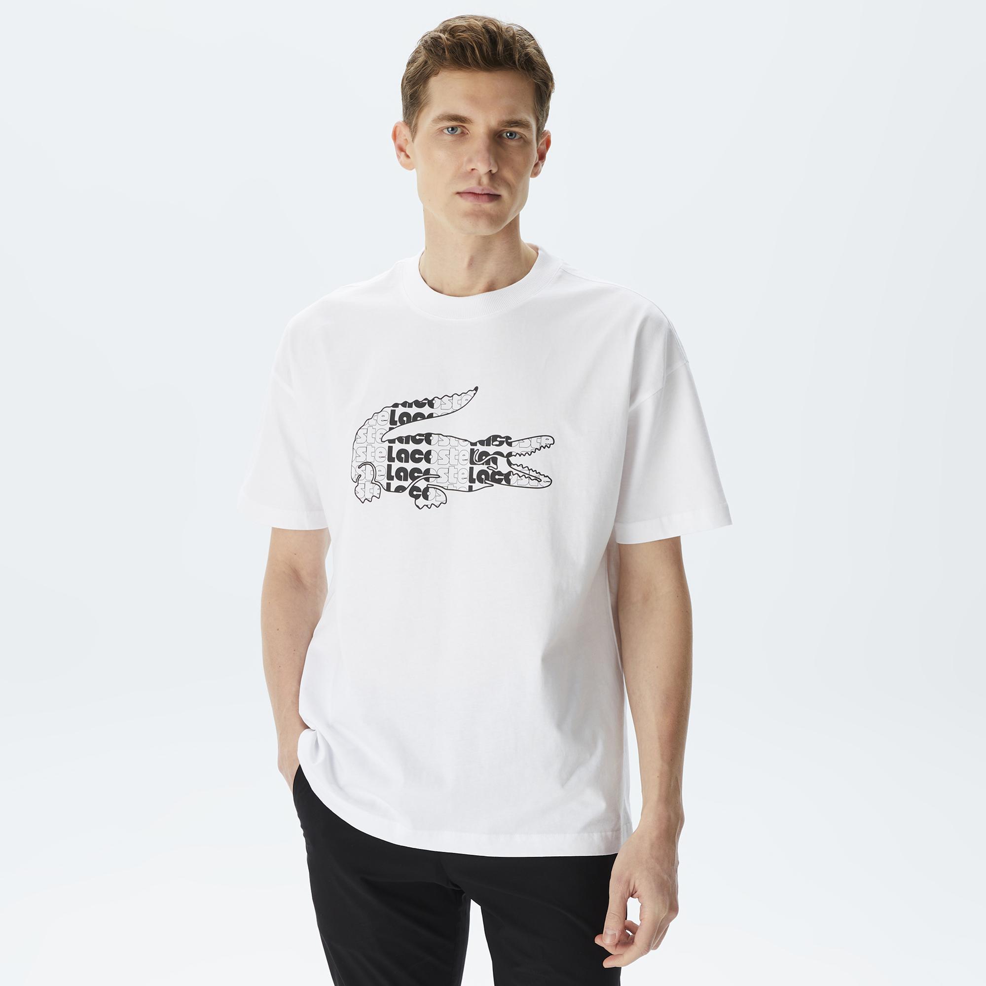 Lacoste Erkek Relaxed Fit Bisiklet Yaka Baskılı Beyaz T-Shirt