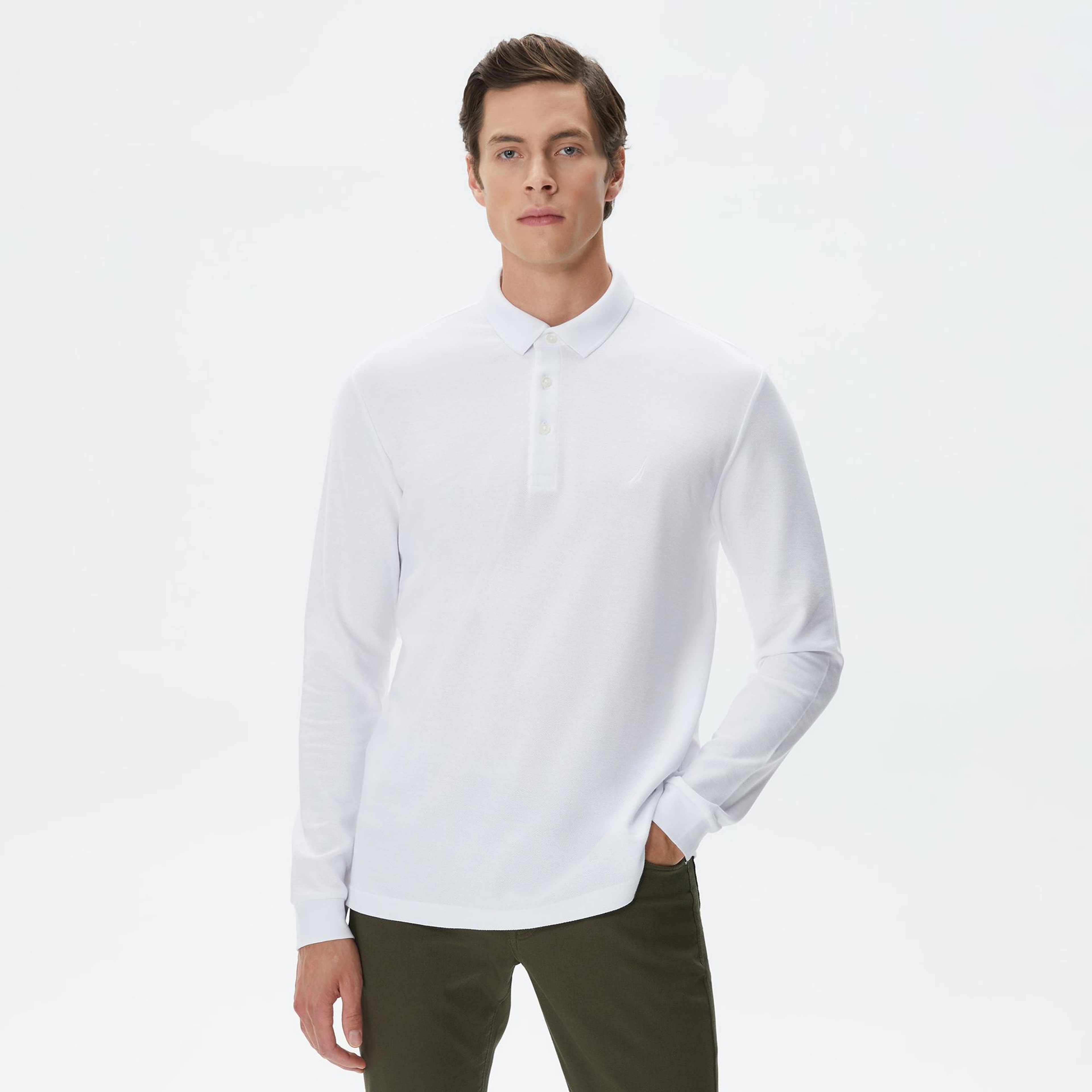 Nautica Erkek Beyaz Slim Fit Uzun Kollu Polo Yaka T-Shirt