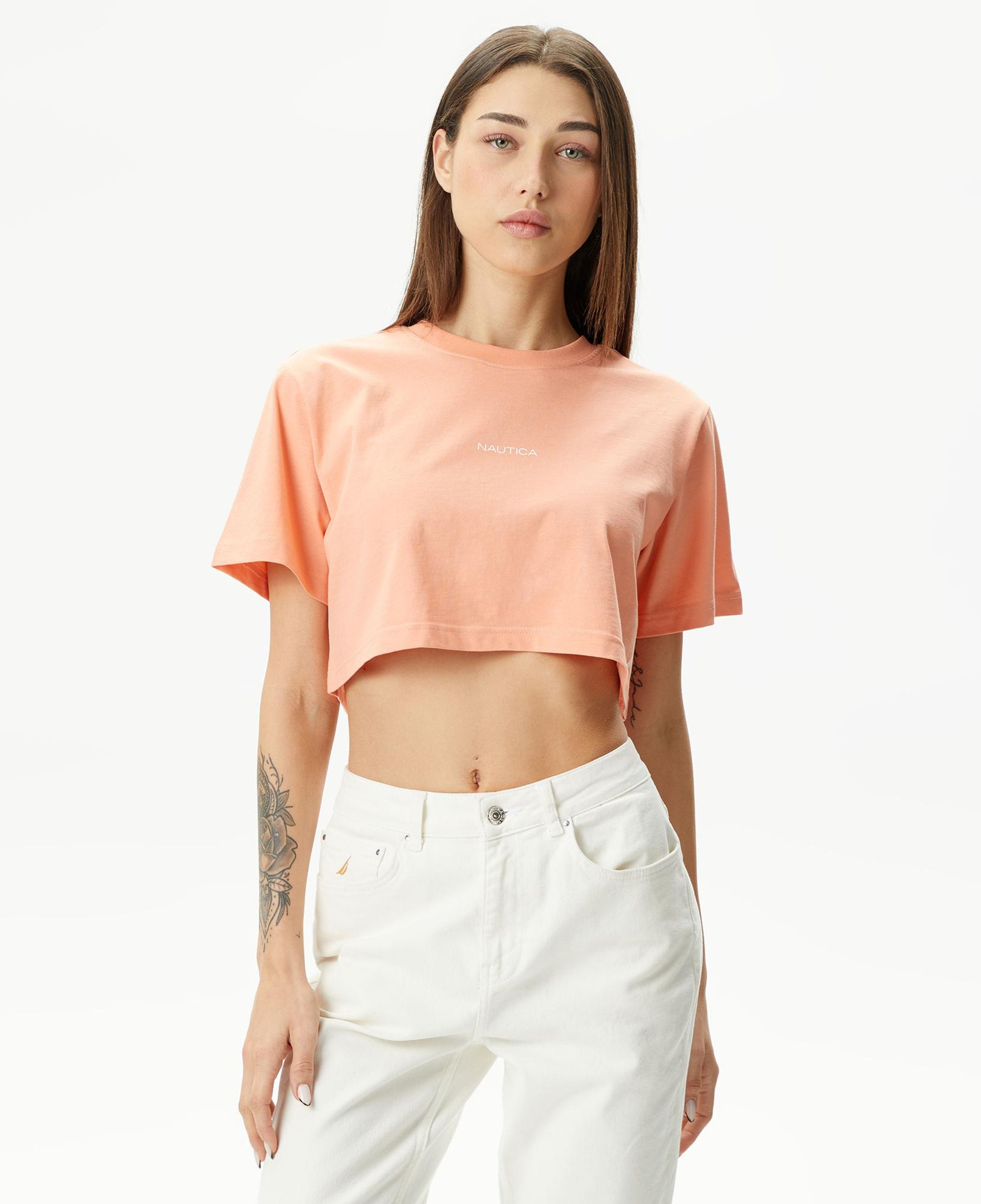 Nautica Kadın Turuncu Relaxed Fit Crop T-Shirt