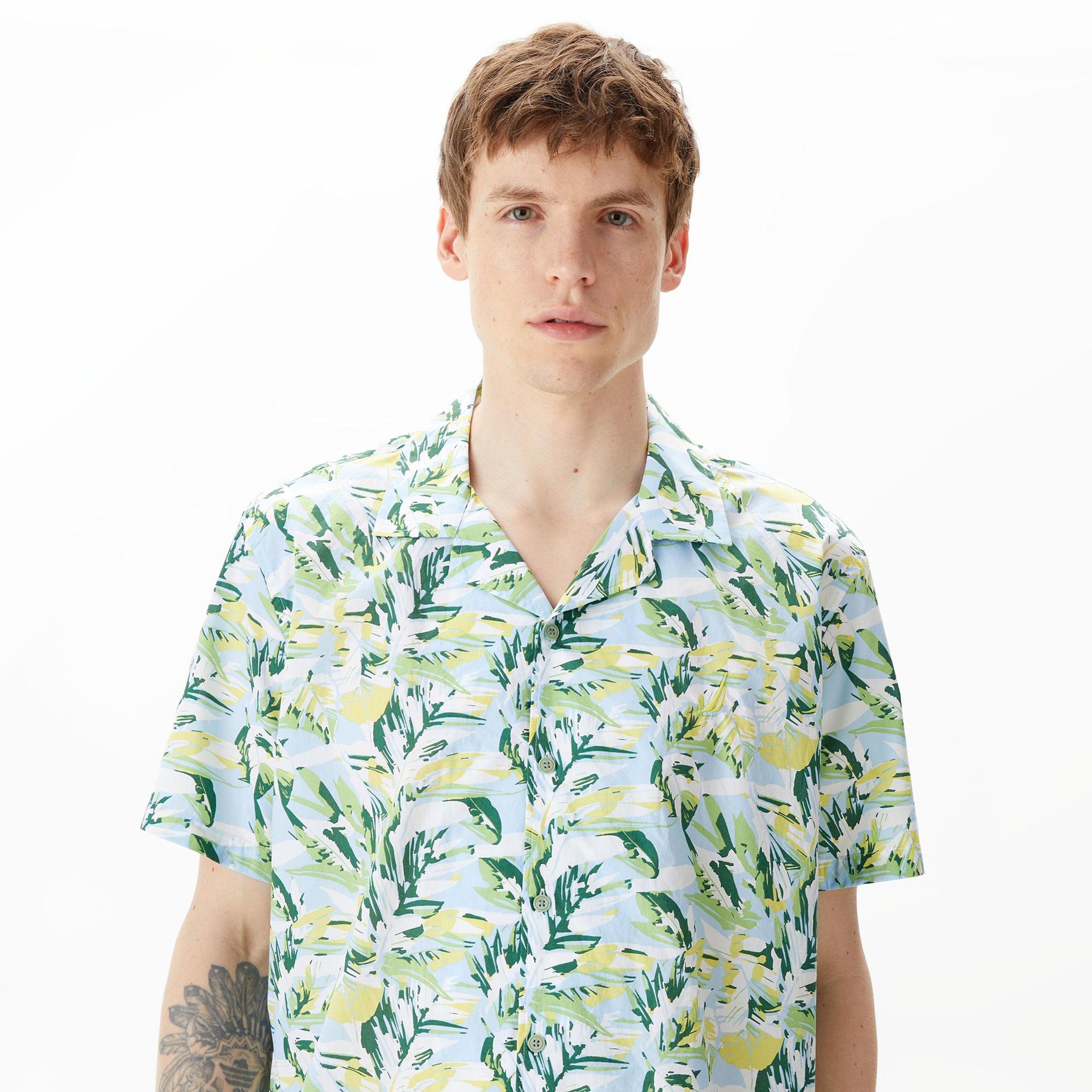 Nautica Erkek Mavi Classic Fit Kısa Kollu Desenli Gömlek