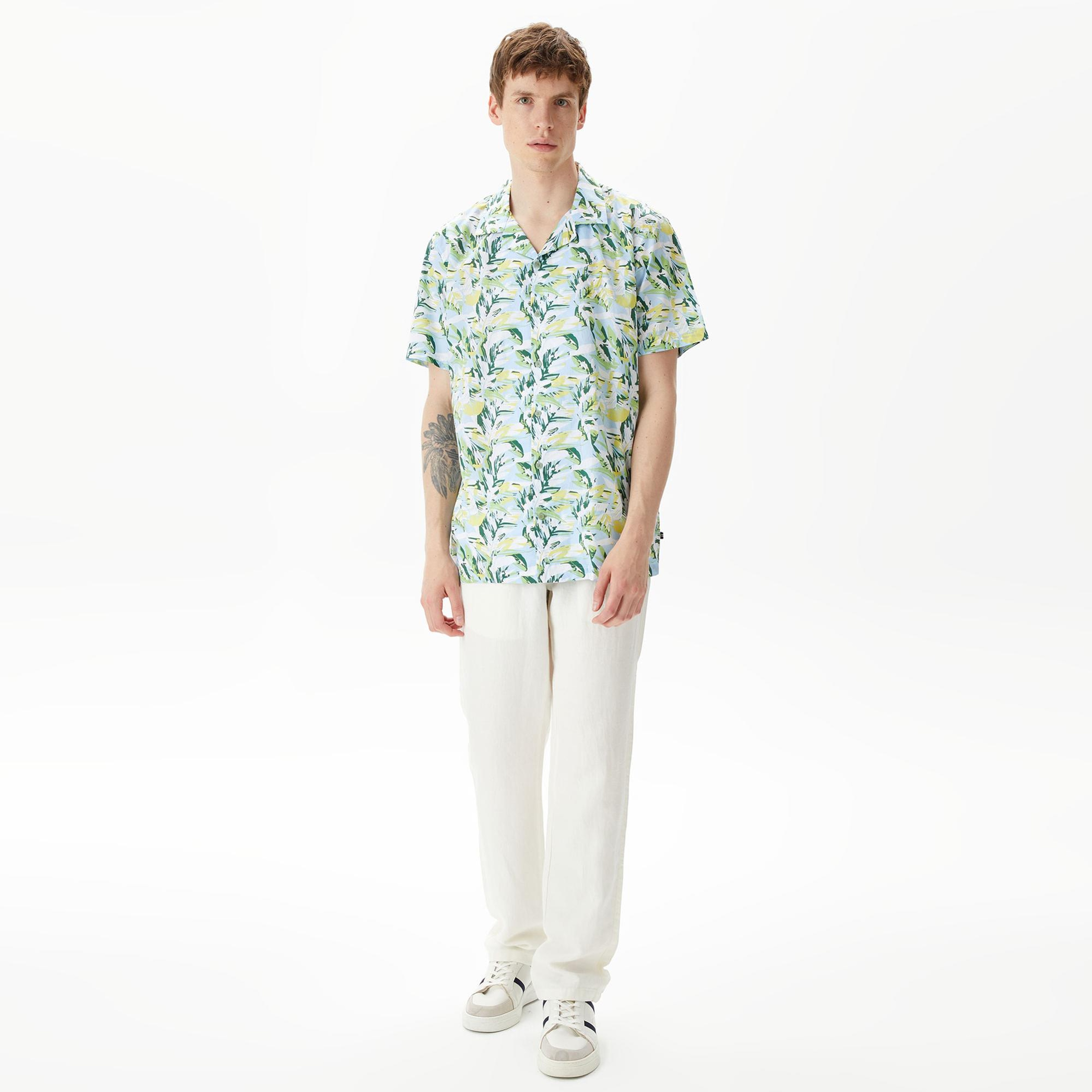 Nautica Erkek Mavi Classic Fit Kısa Kollu Desenli Gömlek