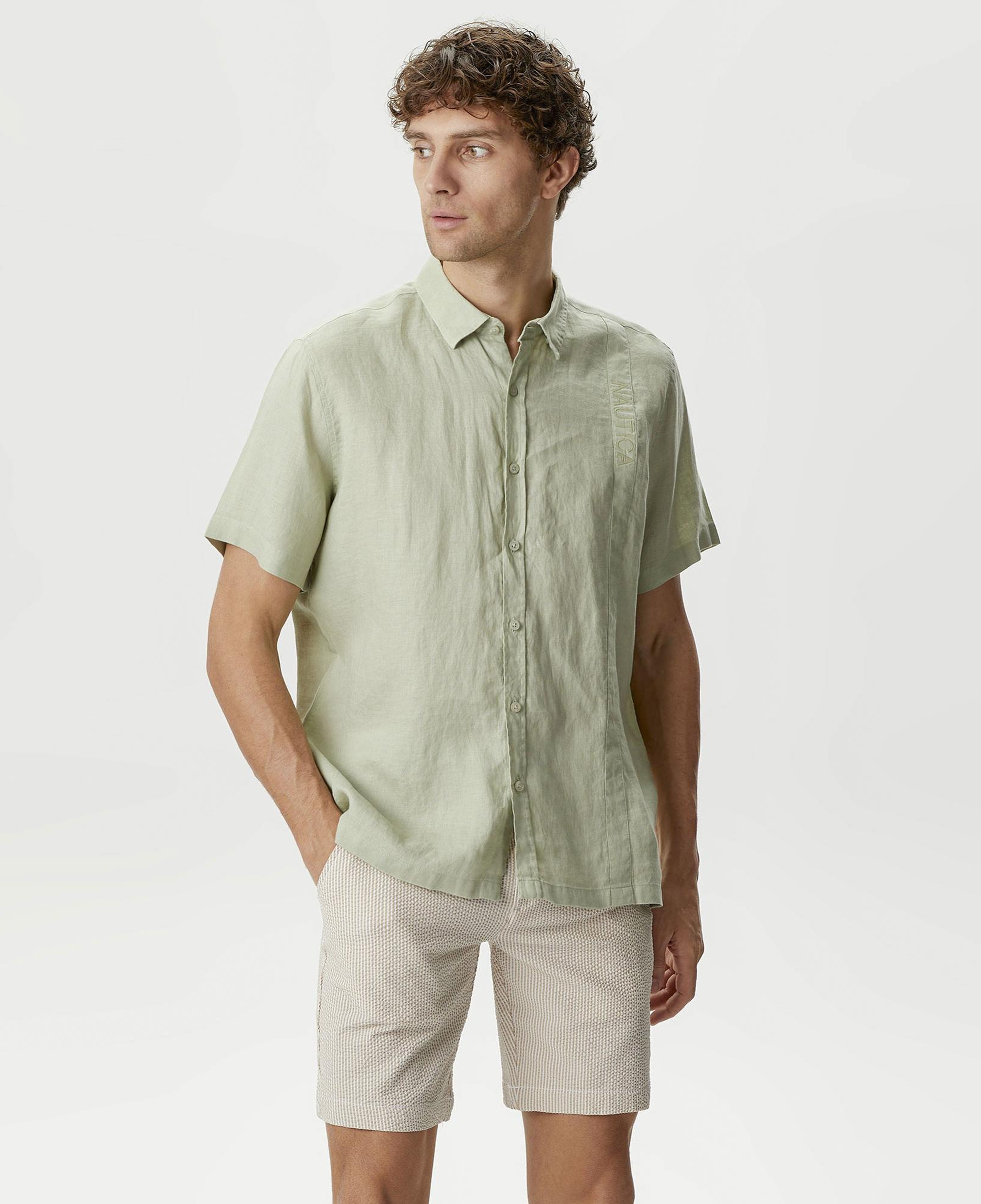 Nautica Erkek Yeşil Classic Fit Kısa Kollu Keten Gömlek